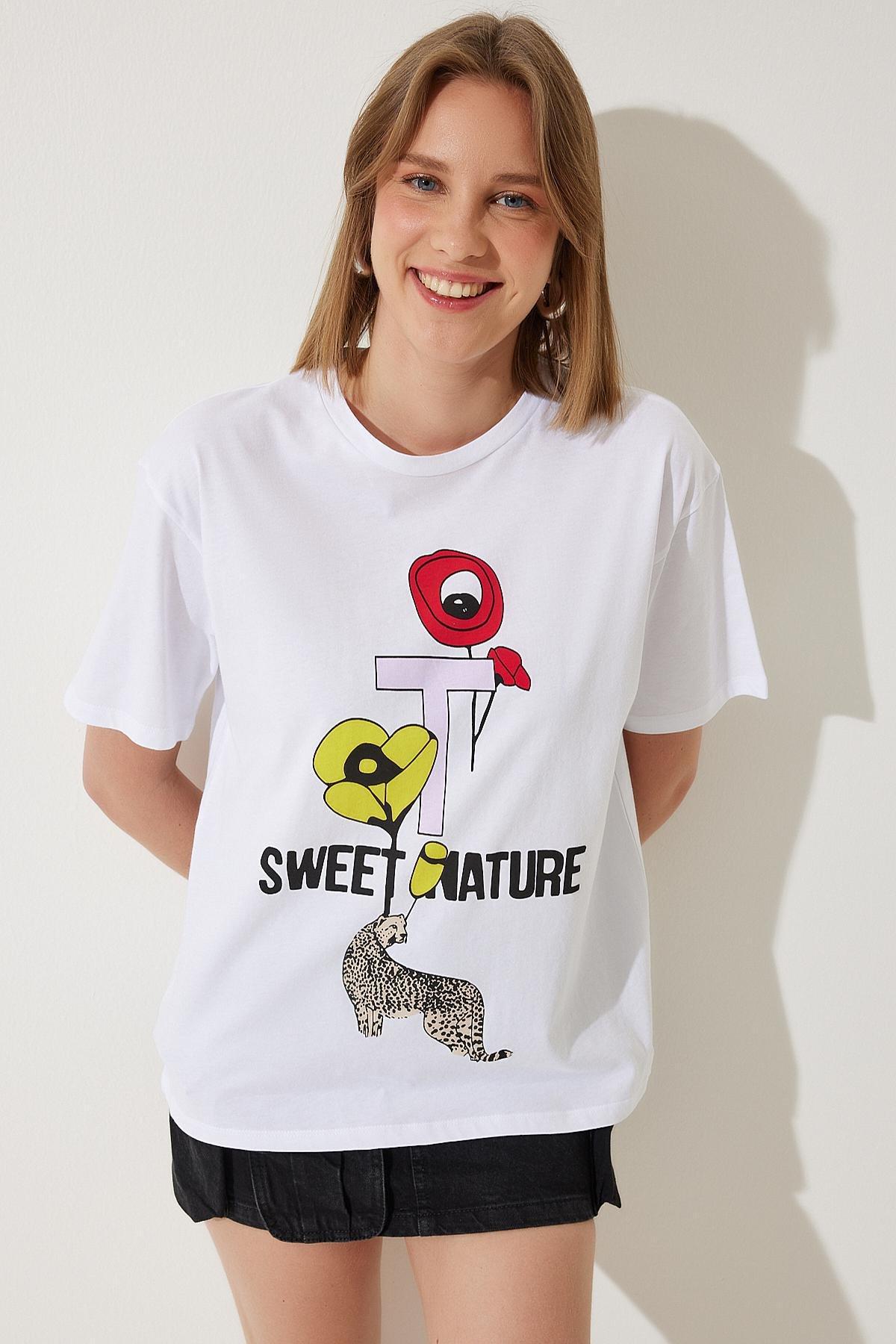 Womens White Printed Oversize Knitted T-Shirt WO00039, single, , large image number 0