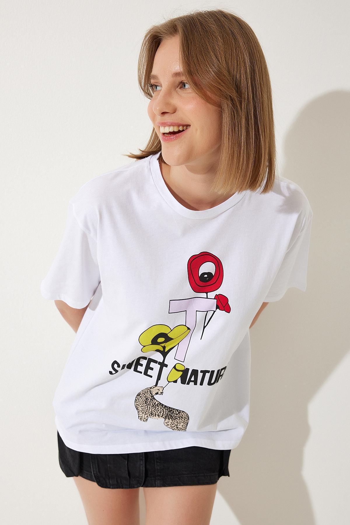 Womens White Printed Oversize Knitted T-Shirt WO00039, single, , large image number 1