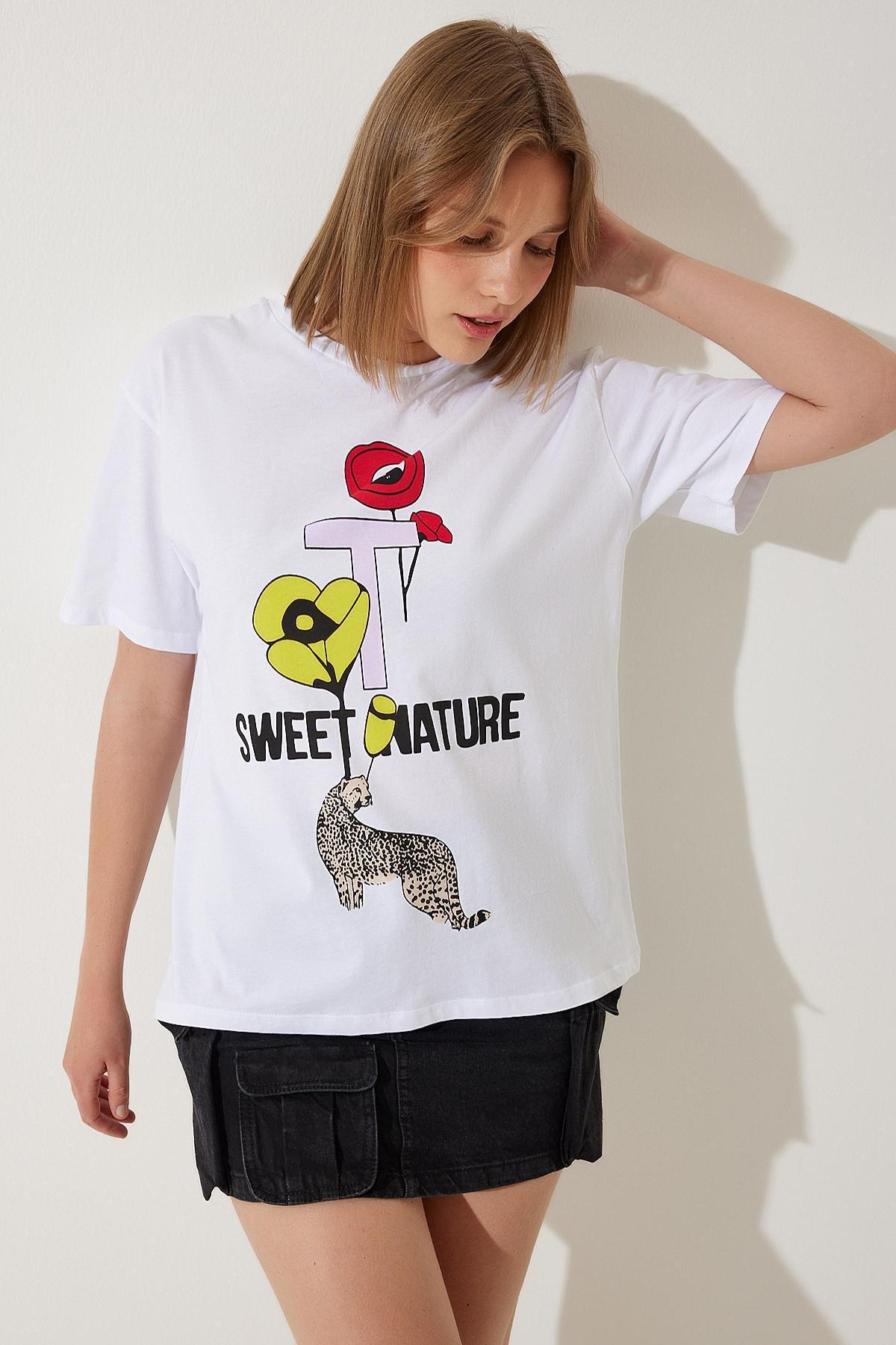 Womens White Printed Oversize Knitted T-Shirt WO00039, single, , large image number 2