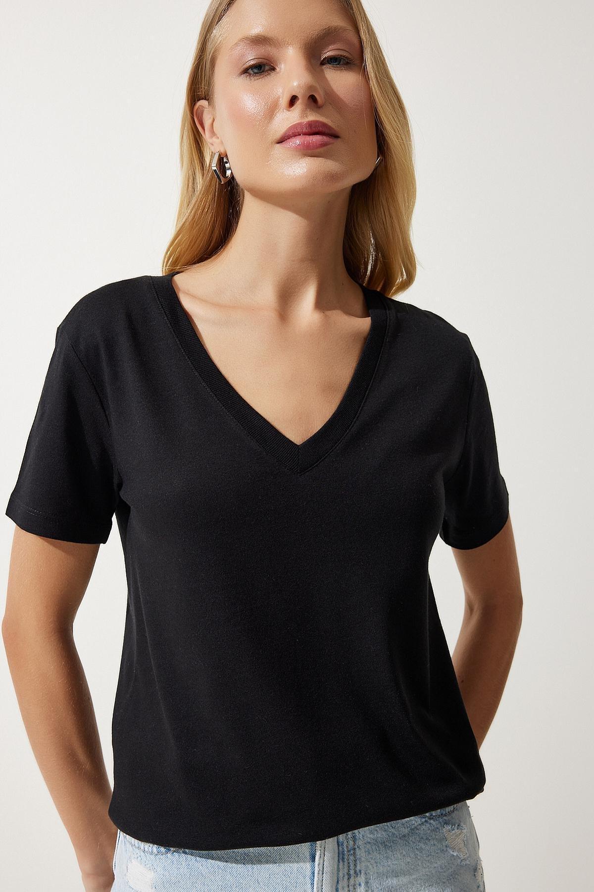 Black V-Neck Modal T-Shirt, C101_5720, large image number 1
