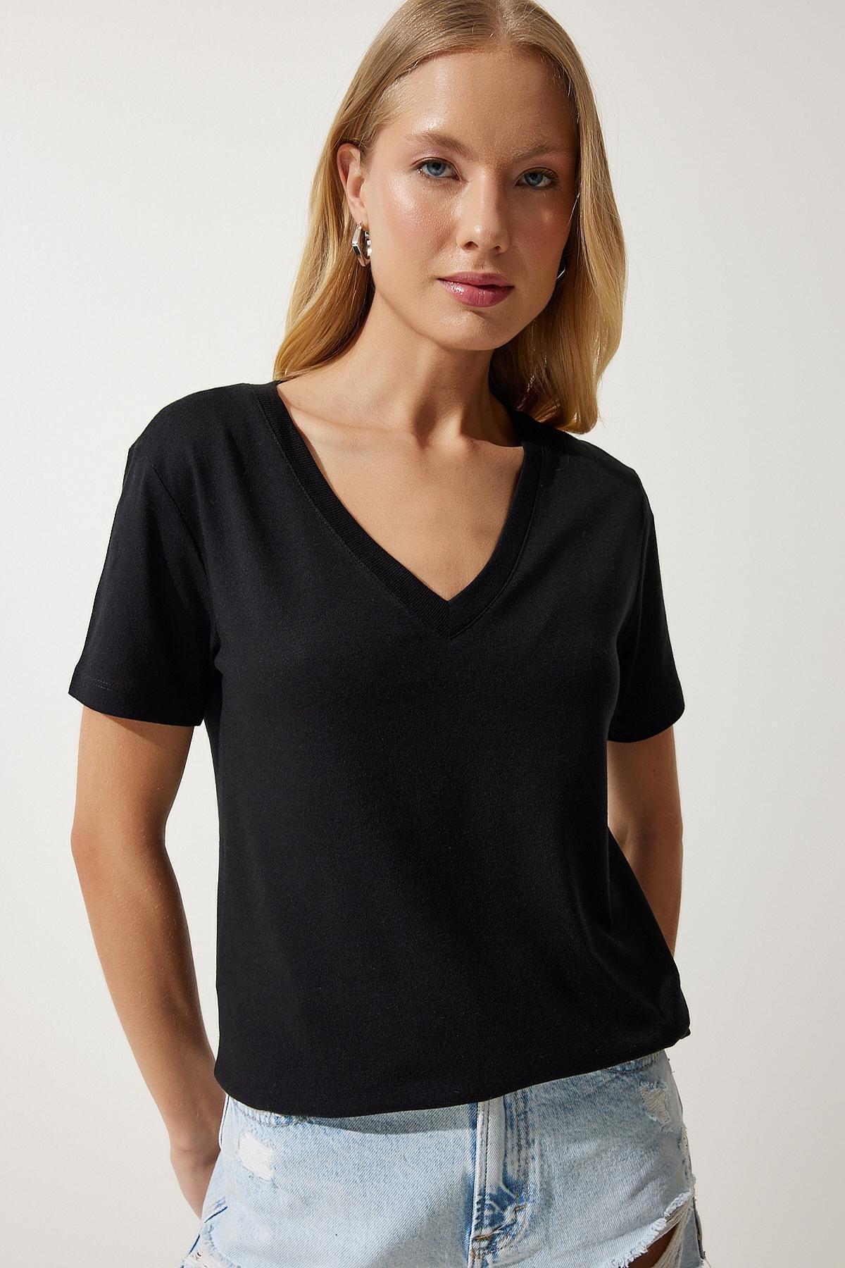 Black V-Neck Modal T-Shirt, C101_5720, large image number 2