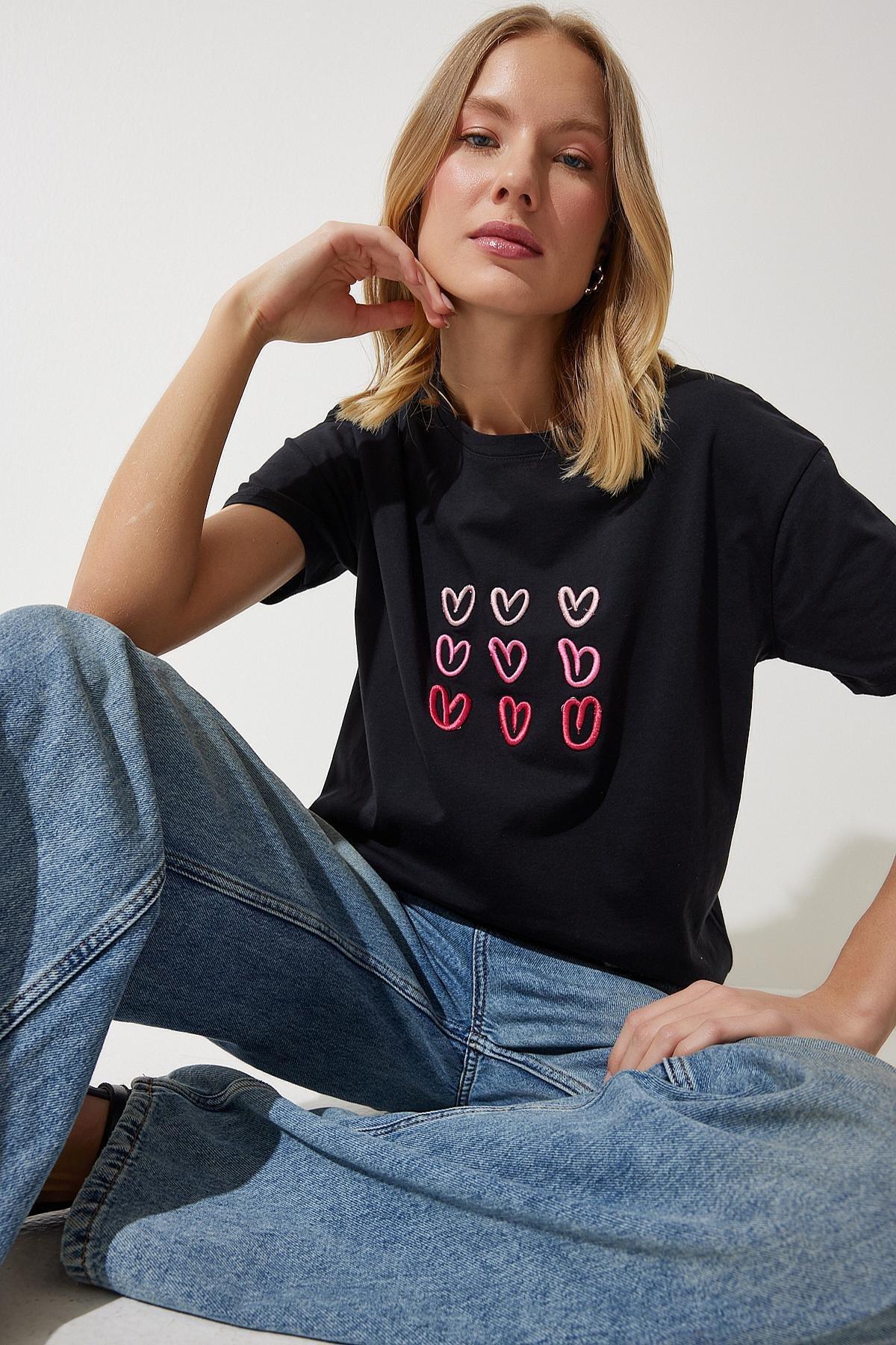 Black Embroidered Cotton T-Shirt, , large image number 0