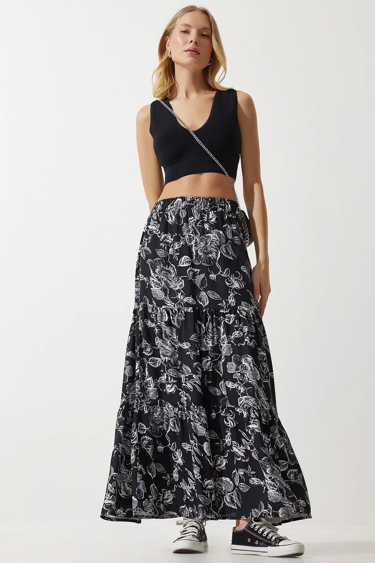 Black Floral Patterned Flounced Viscose Skirt, C101_5720, large image number 0
