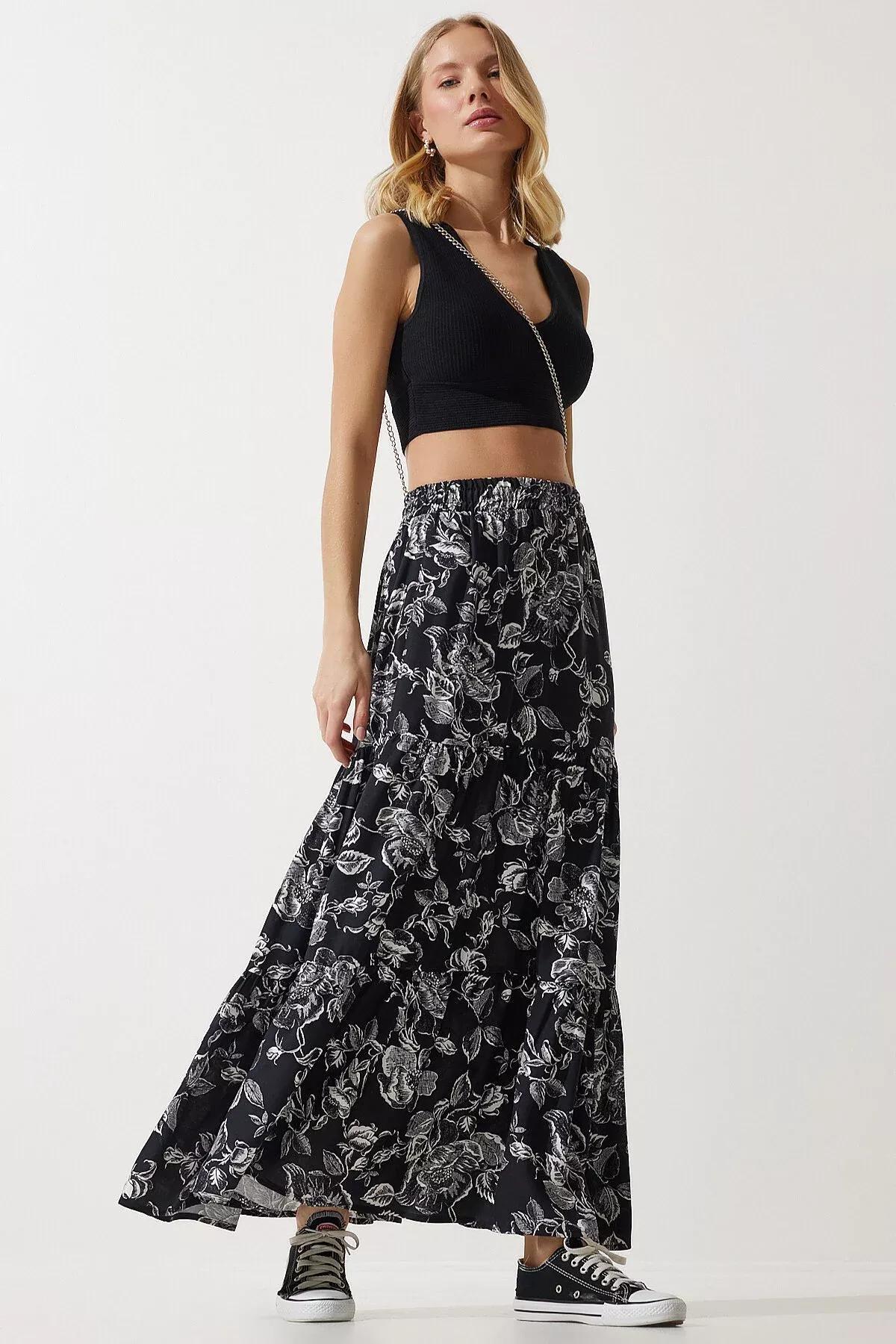 Black Floral Patterned Flounced Viscose Skirt, C101_5720, large image number 1
