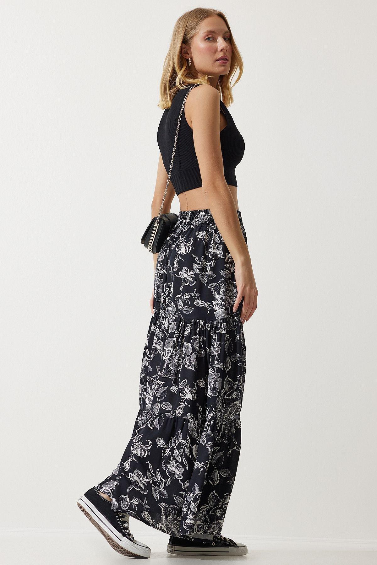 Black Floral Patterned Flounced Viscose Skirt, C101_5720, large image number 2