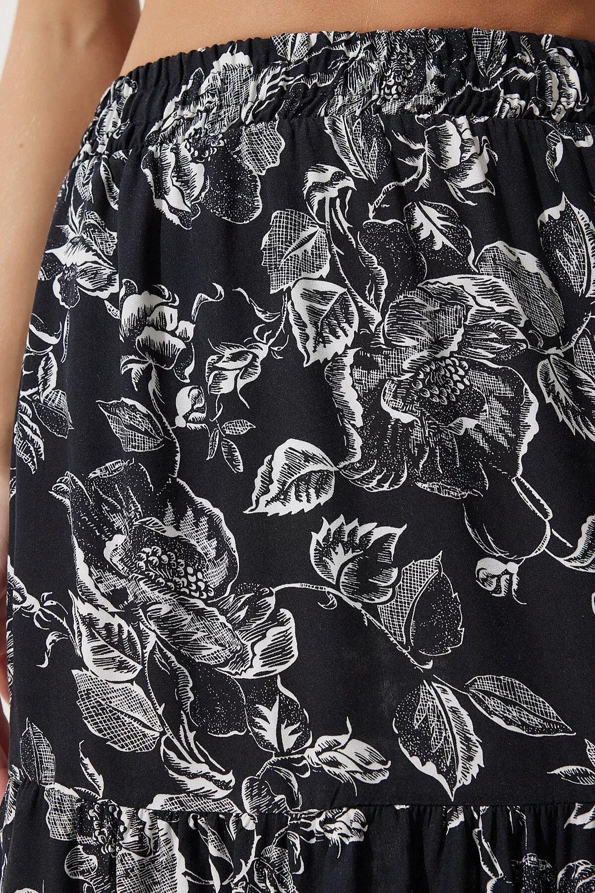 Black Floral Patterned Flounced Viscose Skirt, C101_5720, large image number 4