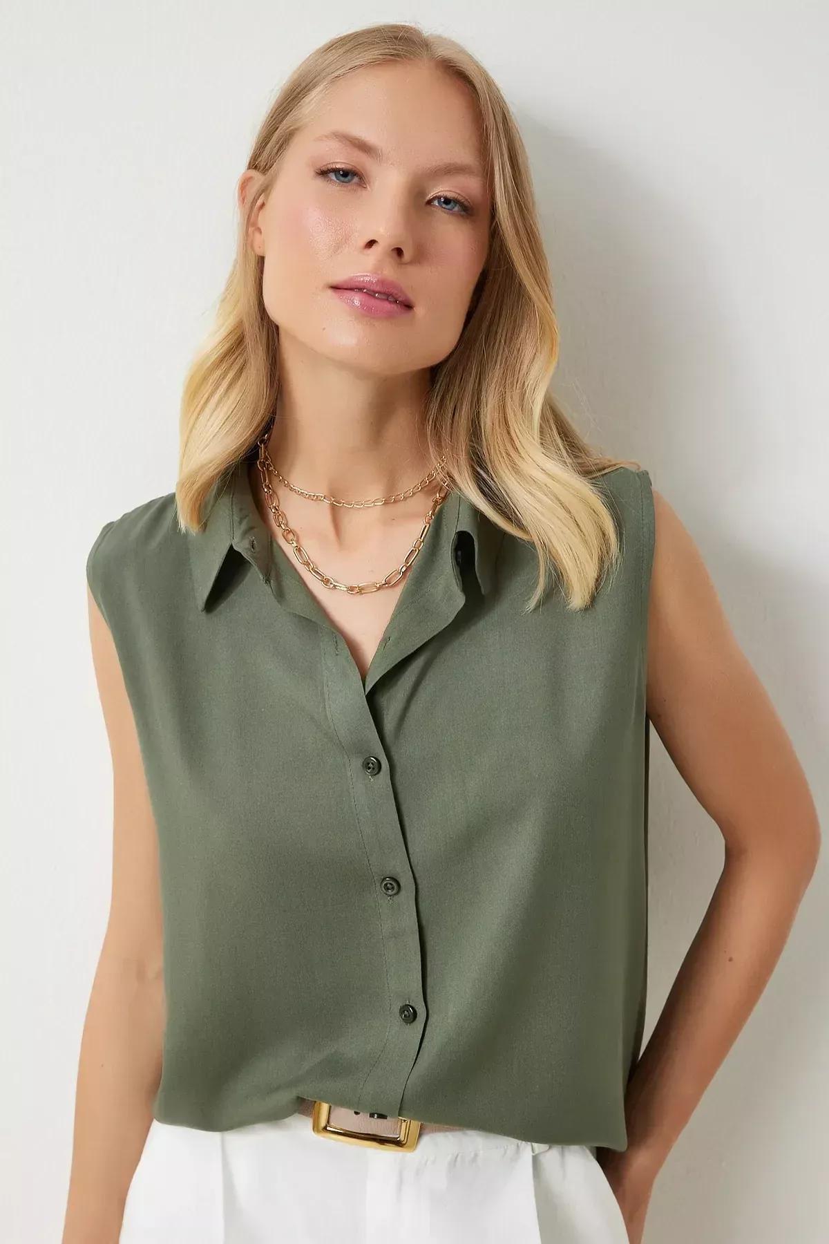 Khaki Plain Button Down Blouse, Khaki, large image number 1
