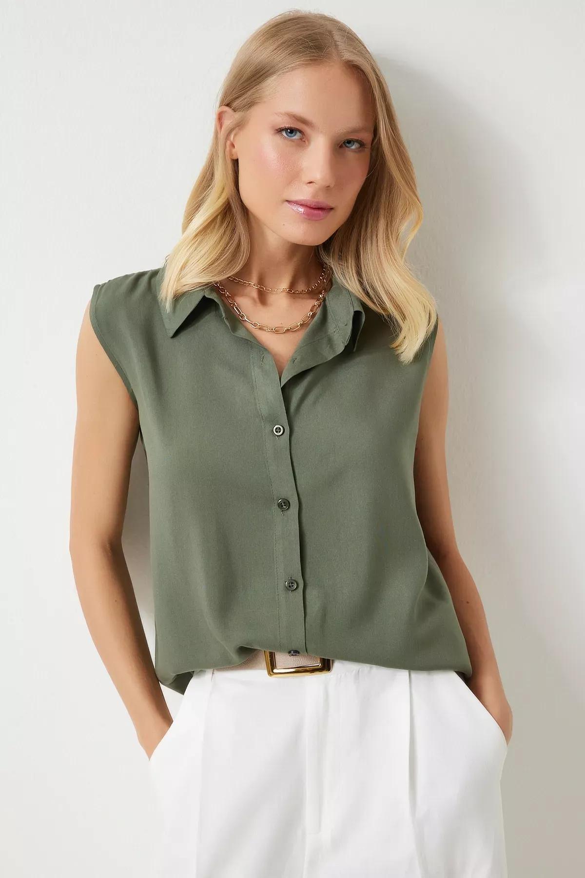 Khaki Plain Button Down Blouse, Khaki, large image number 2