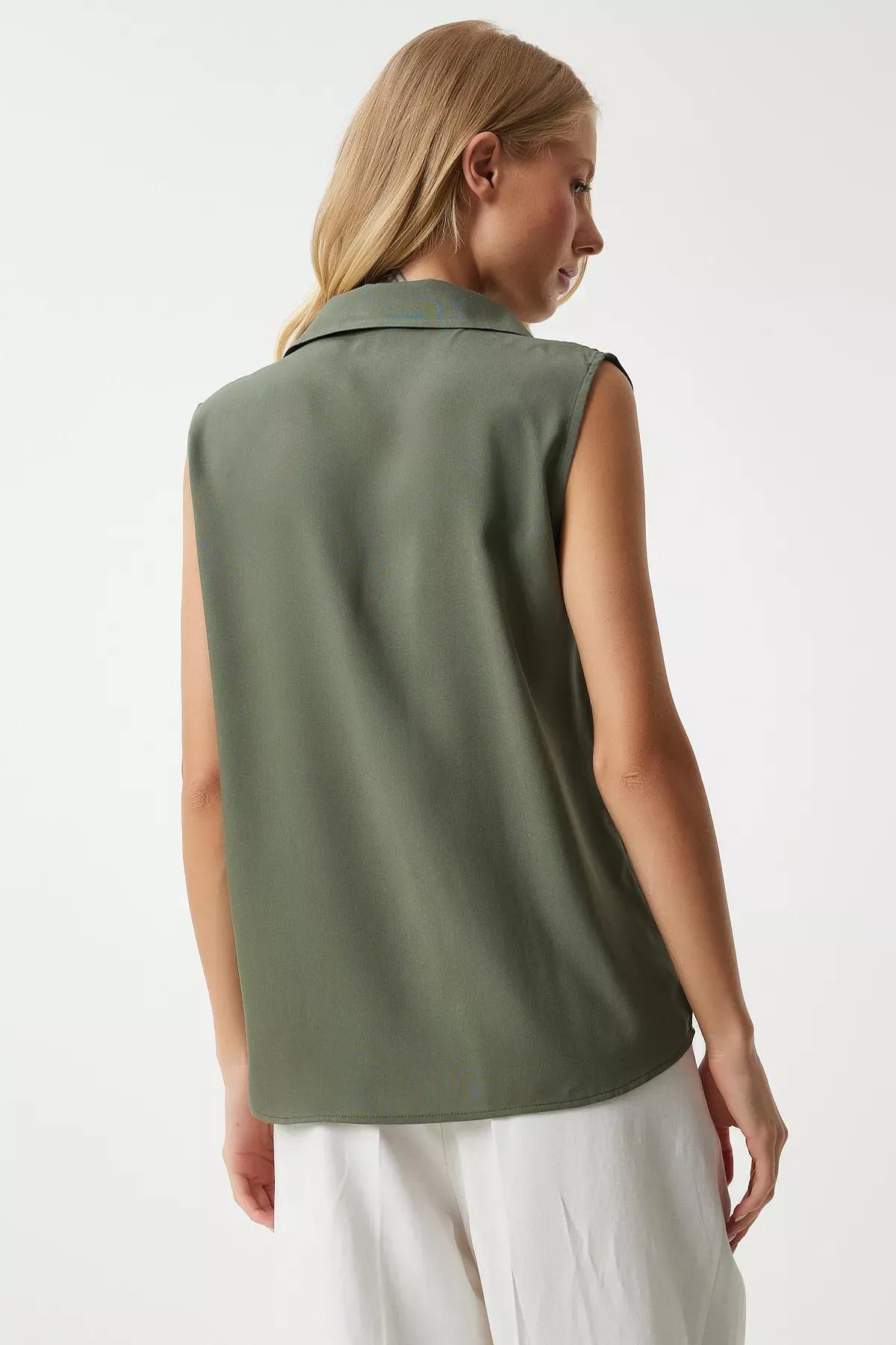 Khaki Plain Button Down Blouse, Khaki, large image number 3