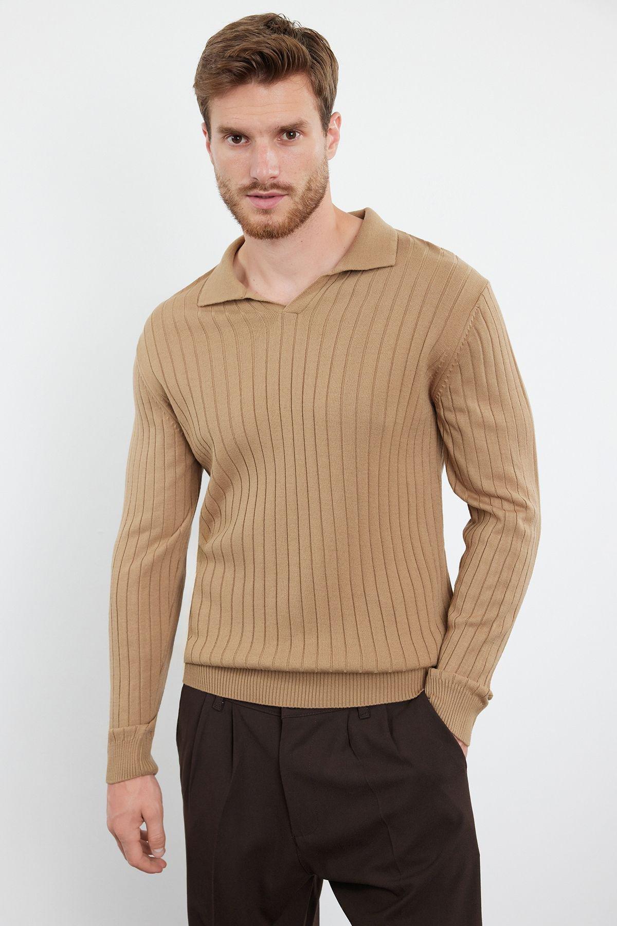 Camel Ribbed Casual Sweater TMNAW25KZ00022, , medium