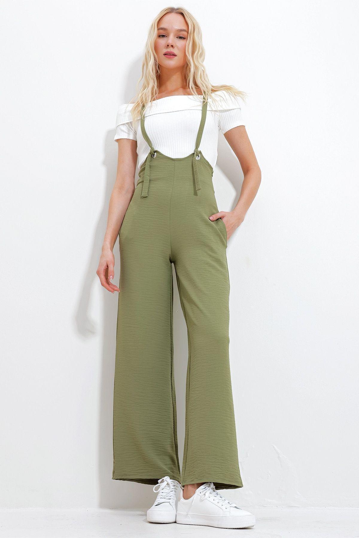 Womens Khaki Adjustable Strap Hidden Zipper Double Pocket Salopet ALC-X11979, single, , large image number 0