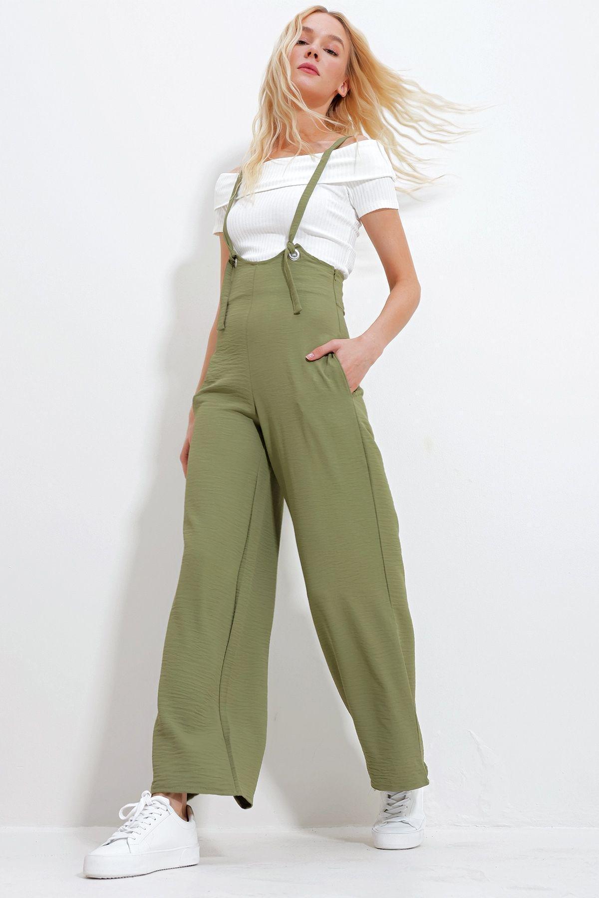 Womens Khaki Adjustable Strap Hidden Zipper Double Pocket Salopet ALC-X11979, single, , large image number 2