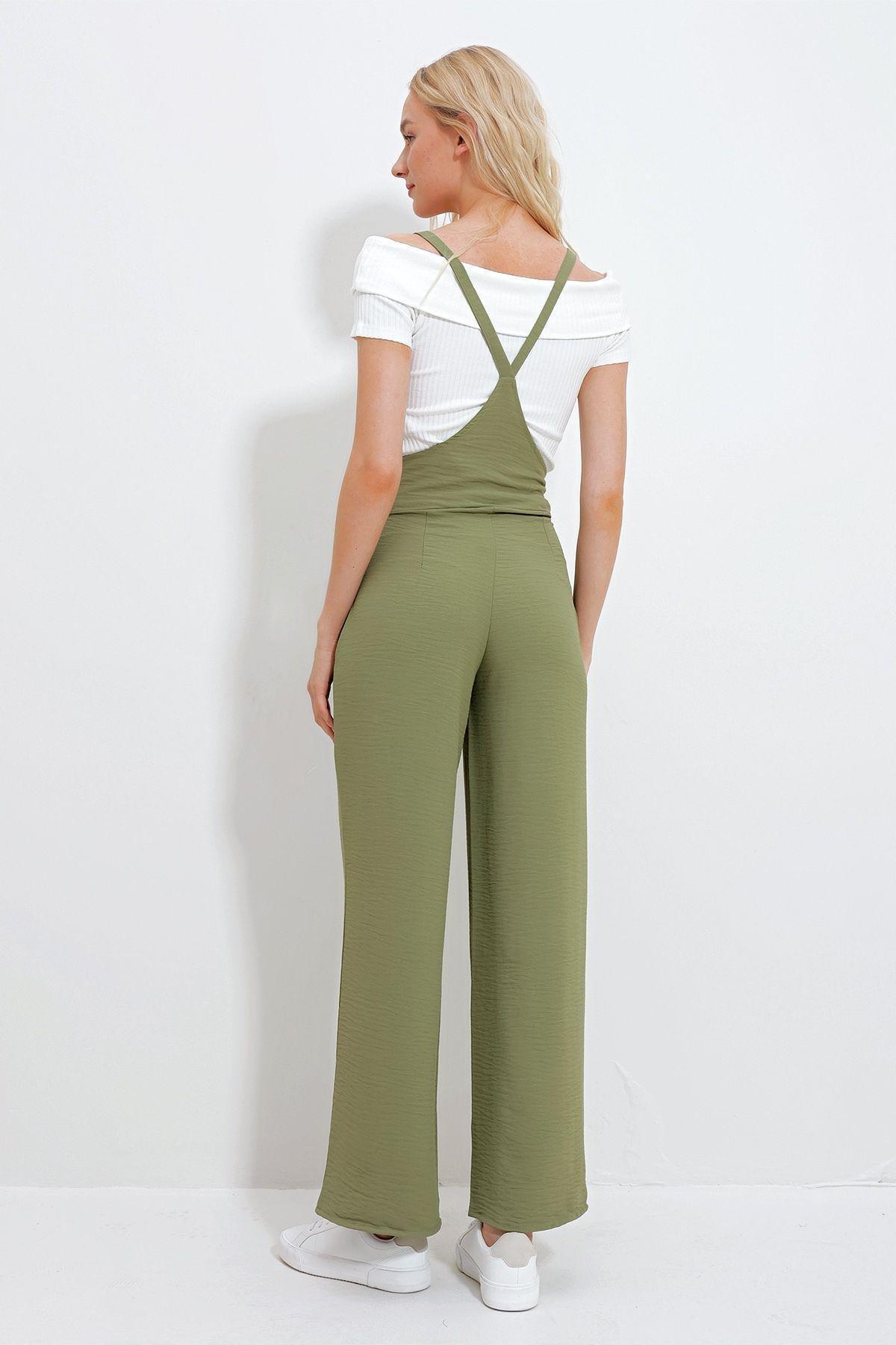 Womens Khaki Adjustable Strap Hidden Zipper Double Pocket Salopet ALC-X11979, single, , large image number 4