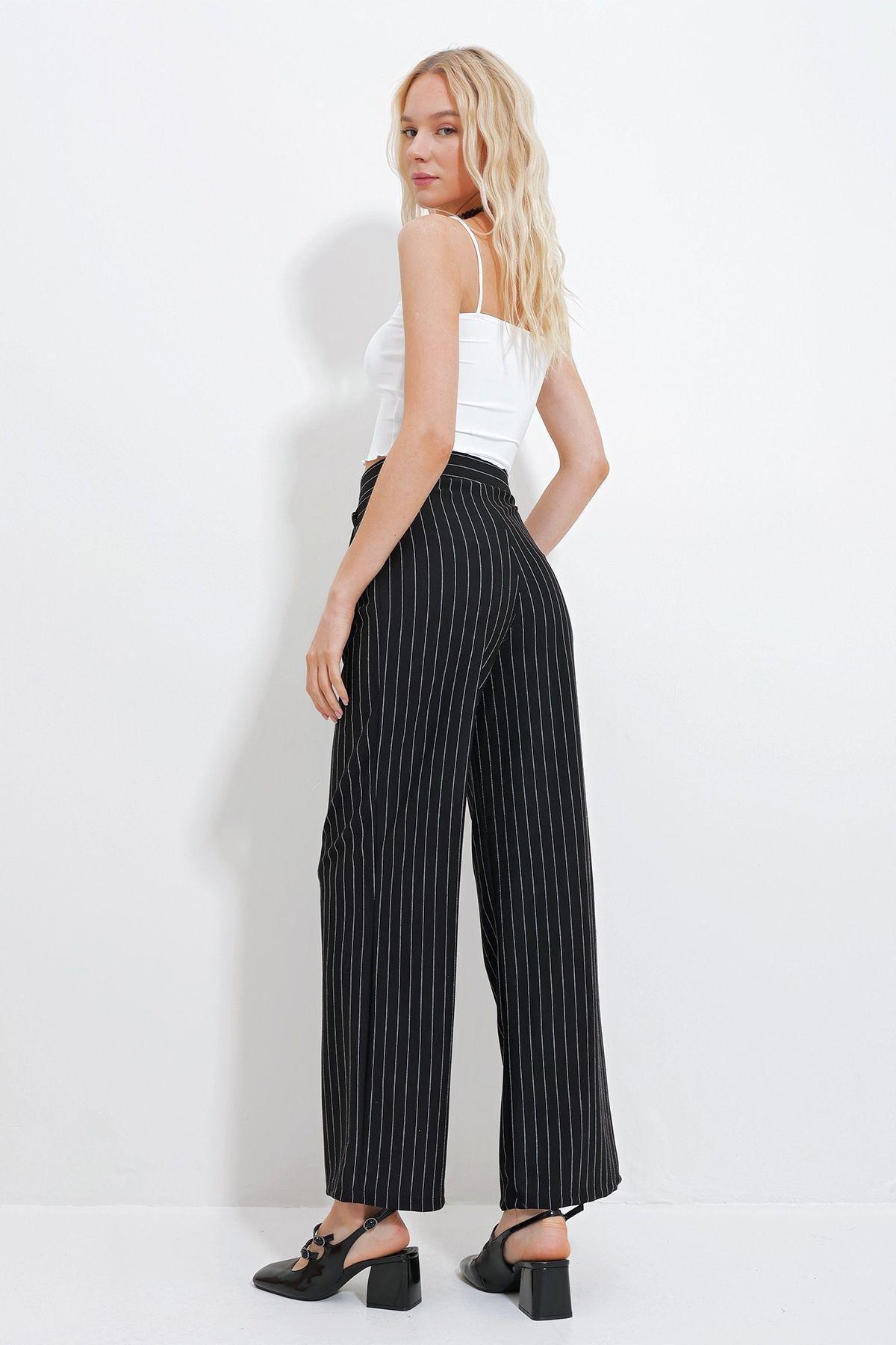 Womens Black Striped Double Pocket Palazzo Knitted Trousers ALC-X11957, single, , large image number 3