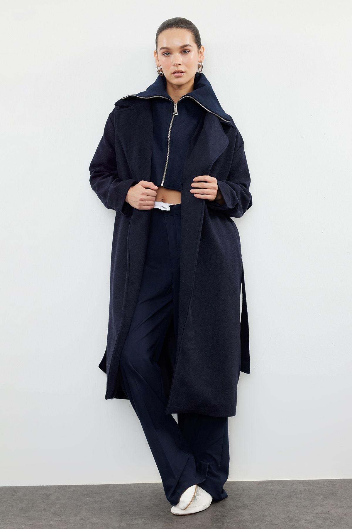 Navy Blue Oversized Wool Coat with Removable Knitwear Detail TWOAW25KB00021, , large image number 0