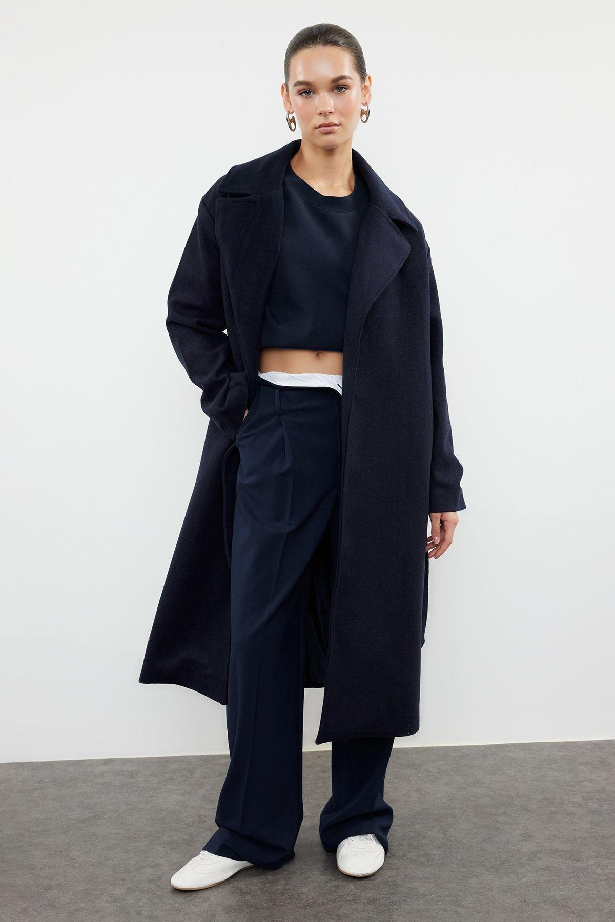 Navy Blue Oversized Wool Coat with Removable Knitwear Detail TWOAW25KB00021, , large image number 1