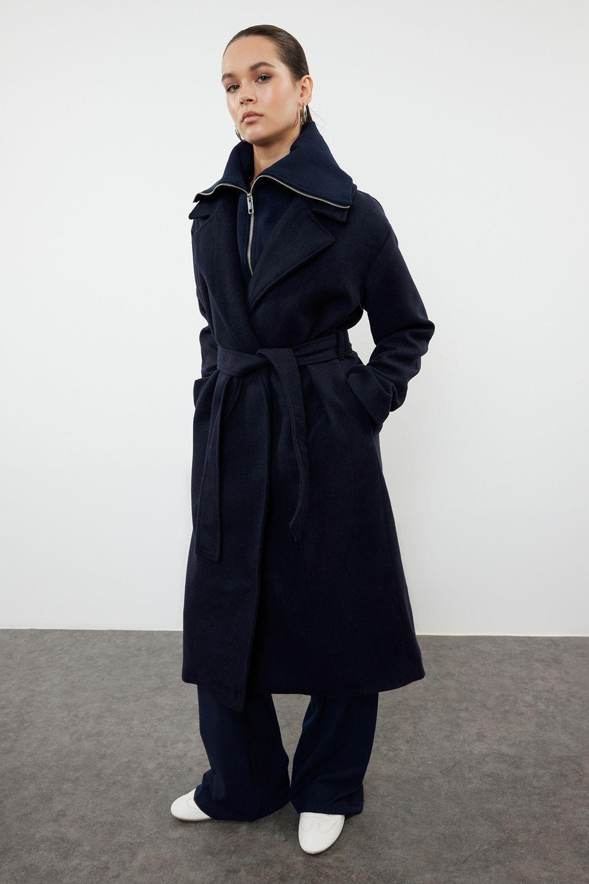 Navy Blue Oversized Wool Coat with Removable Knitwear Detail TWOAW25KB00021, , large image number 2