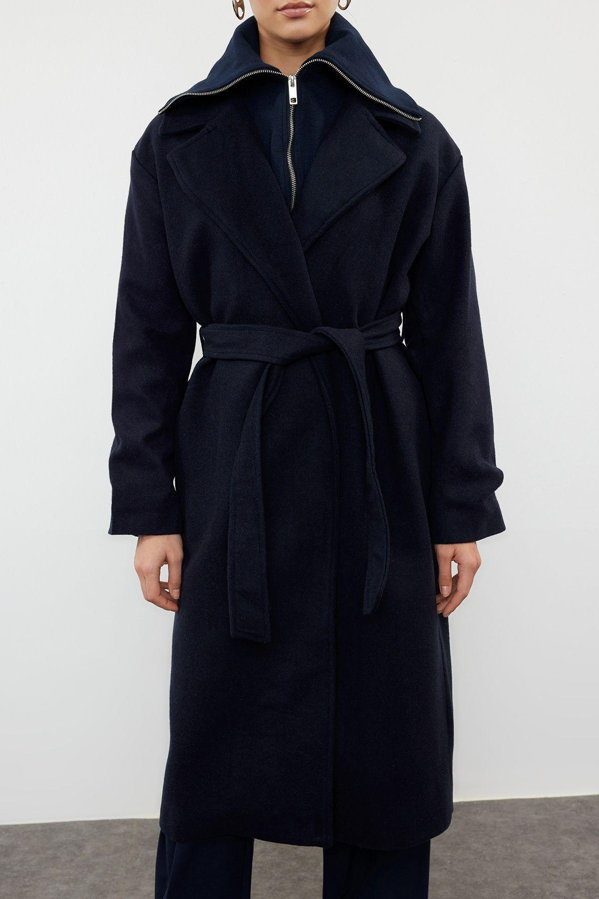 Navy Blue Oversized Wool Coat with Removable Knitwear Detail TWOAW25KB00021, , large image number 3