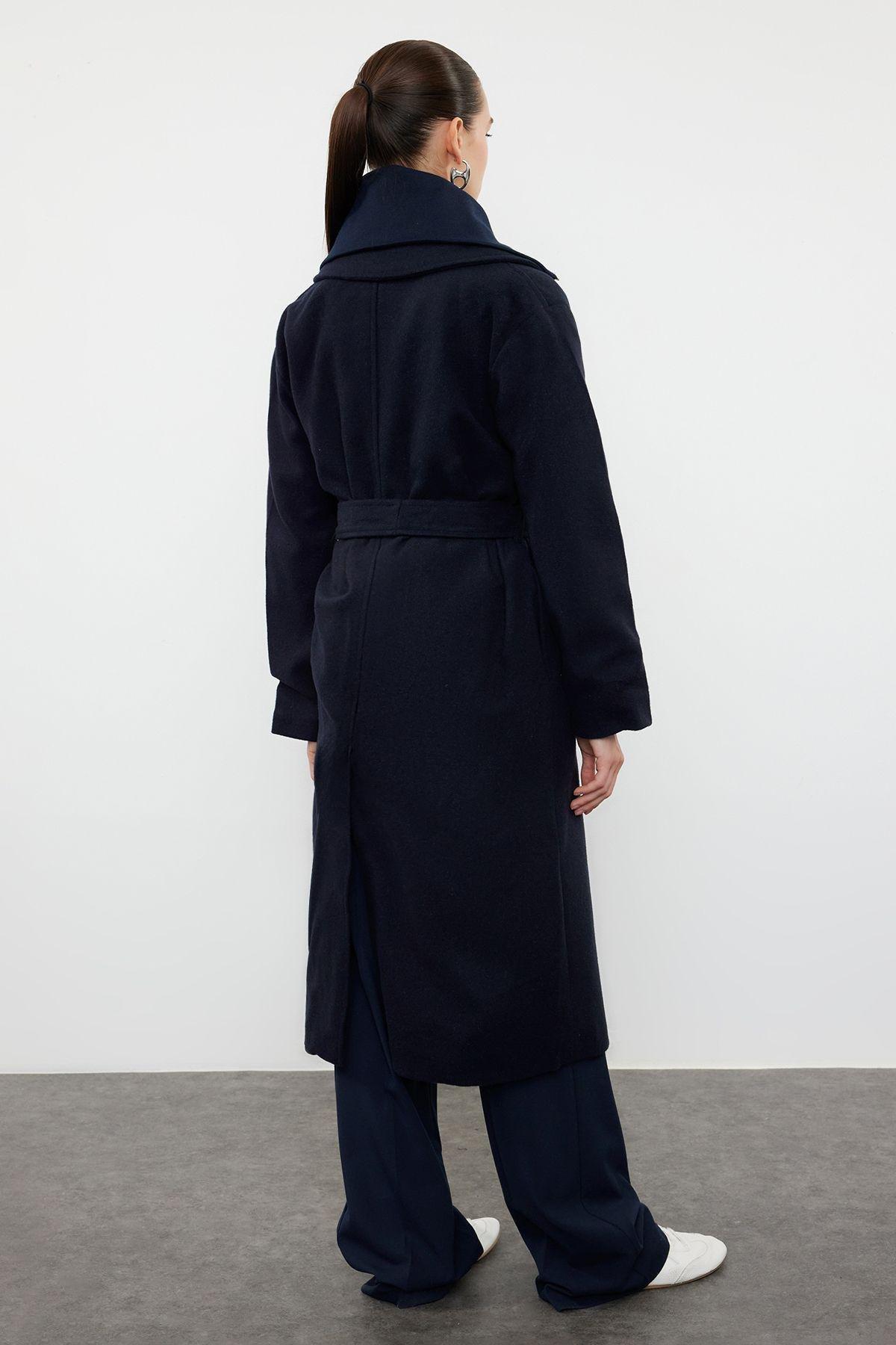 Navy Blue Oversized Wool Coat with Removable Knitwear Detail TWOAW25KB00021, , large image number 4
