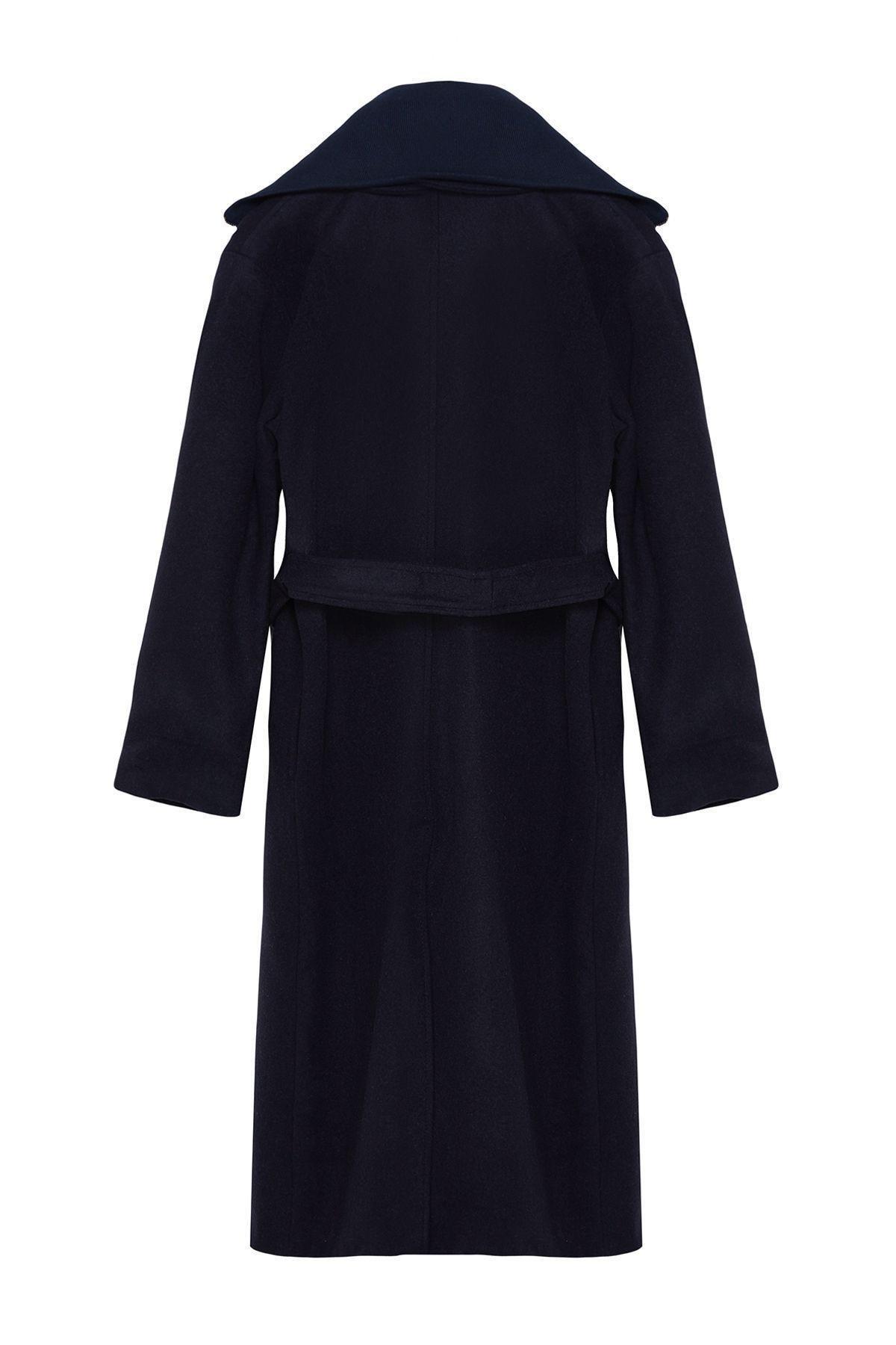 Navy Blue Oversized Wool Coat with Removable Knitwear Detail TWOAW25KB00021, , large image number 5