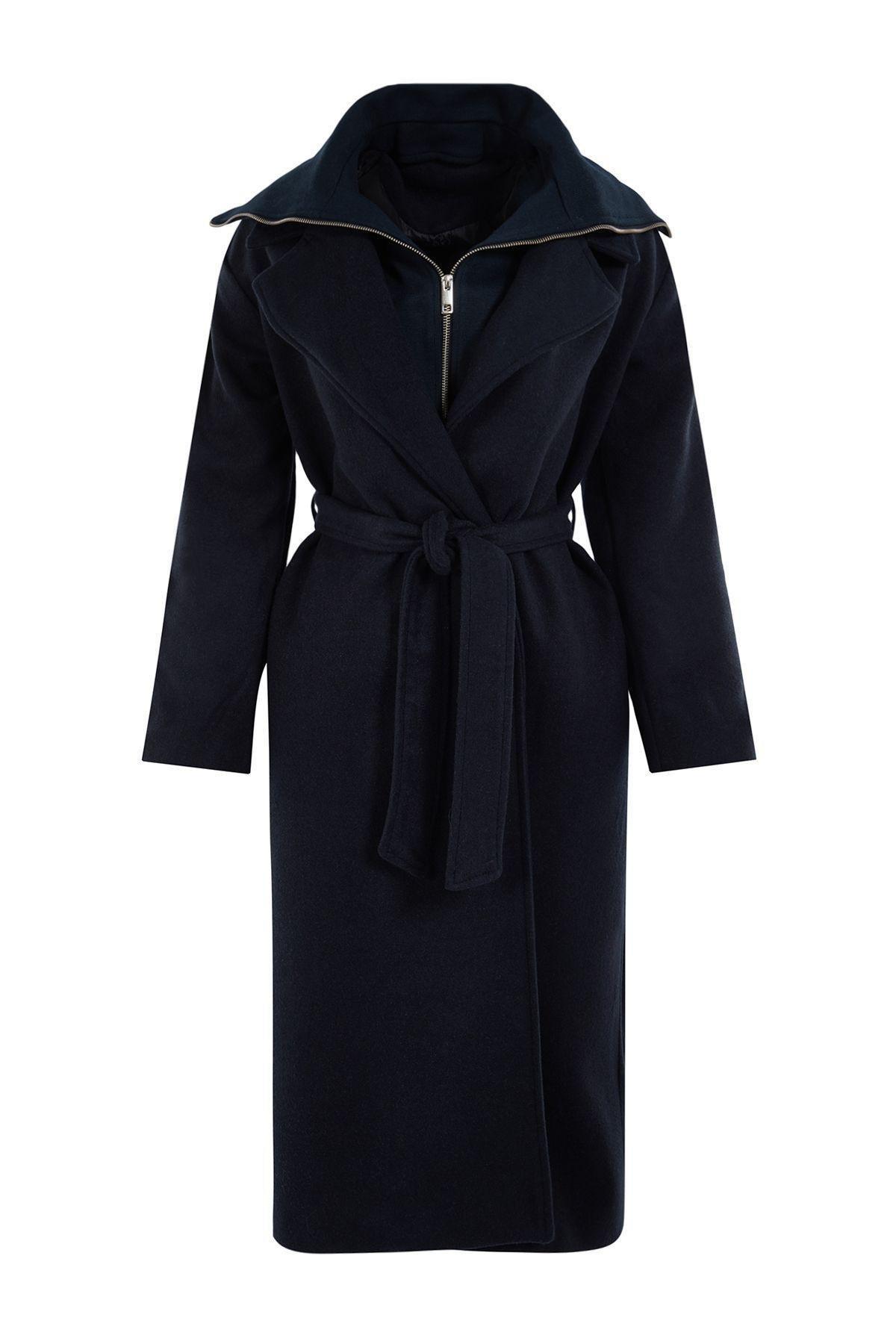Navy Blue Oversized Wool Coat with Removable Knitwear Detail TWOAW25KB00021, , large image number 6