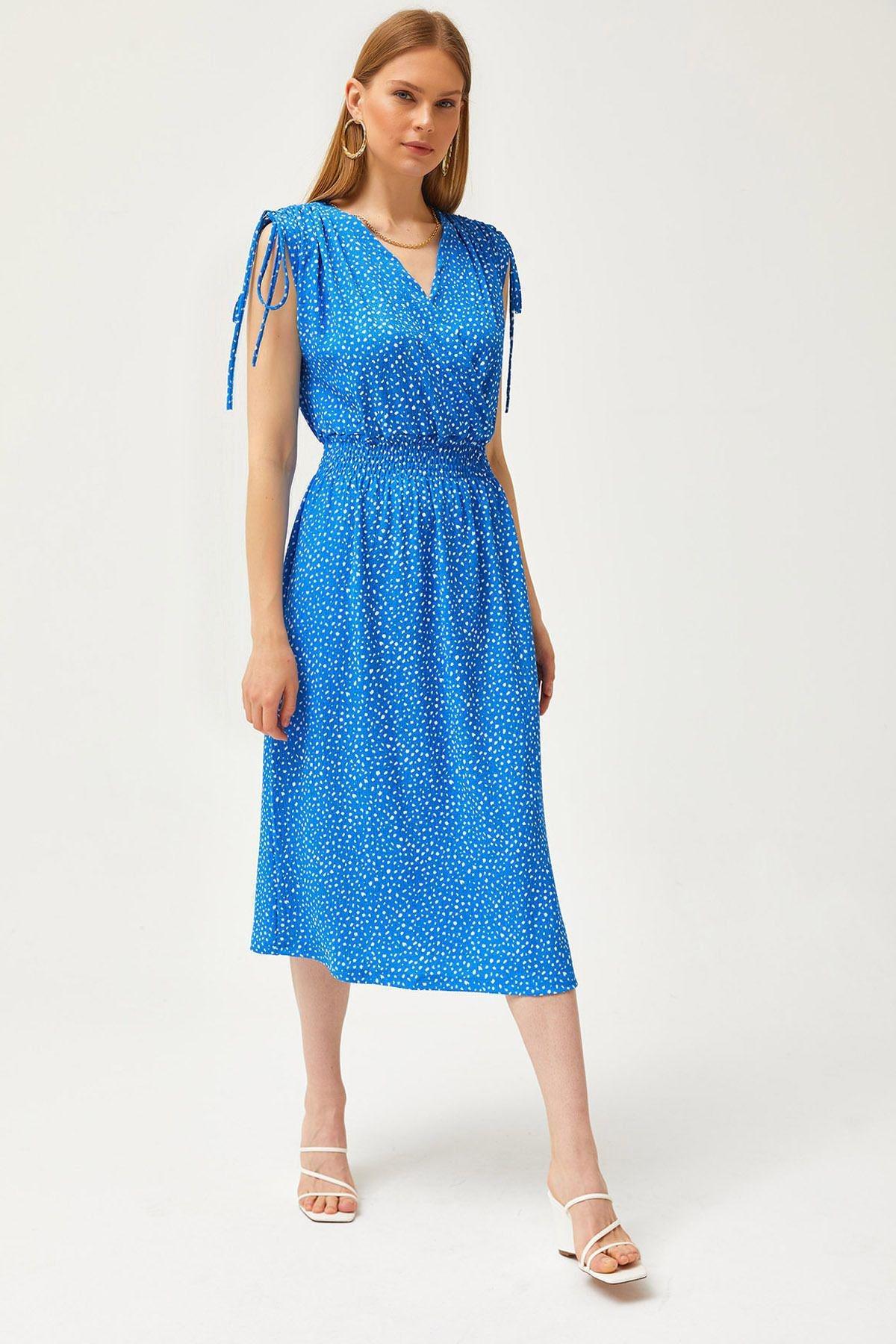 Blue Shoulder Gathered Waist Gimped Dress, SAKS BLUE, large image number 0