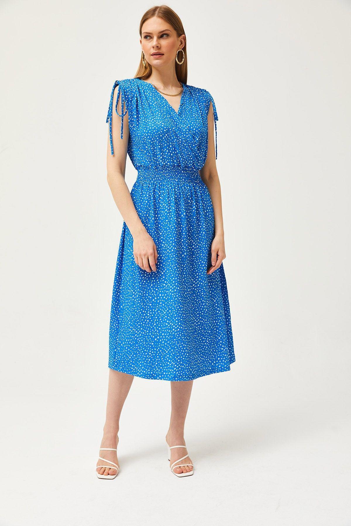 Blue Shoulder Gathered Waist Gimped Dress, SAKS BLUE, large image number 1