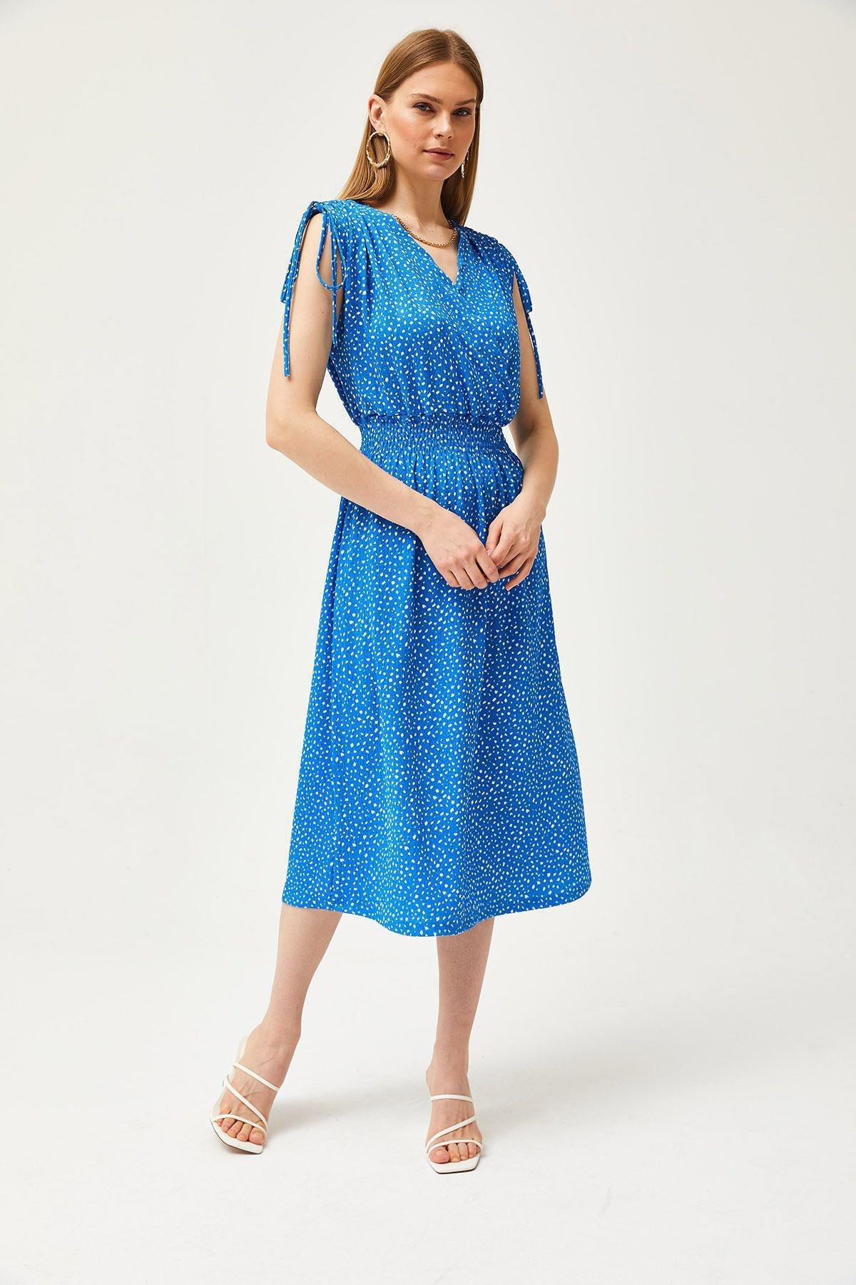 Blue Shoulder Gathered Waist Gimped Dress, SAKS BLUE, large image number 2