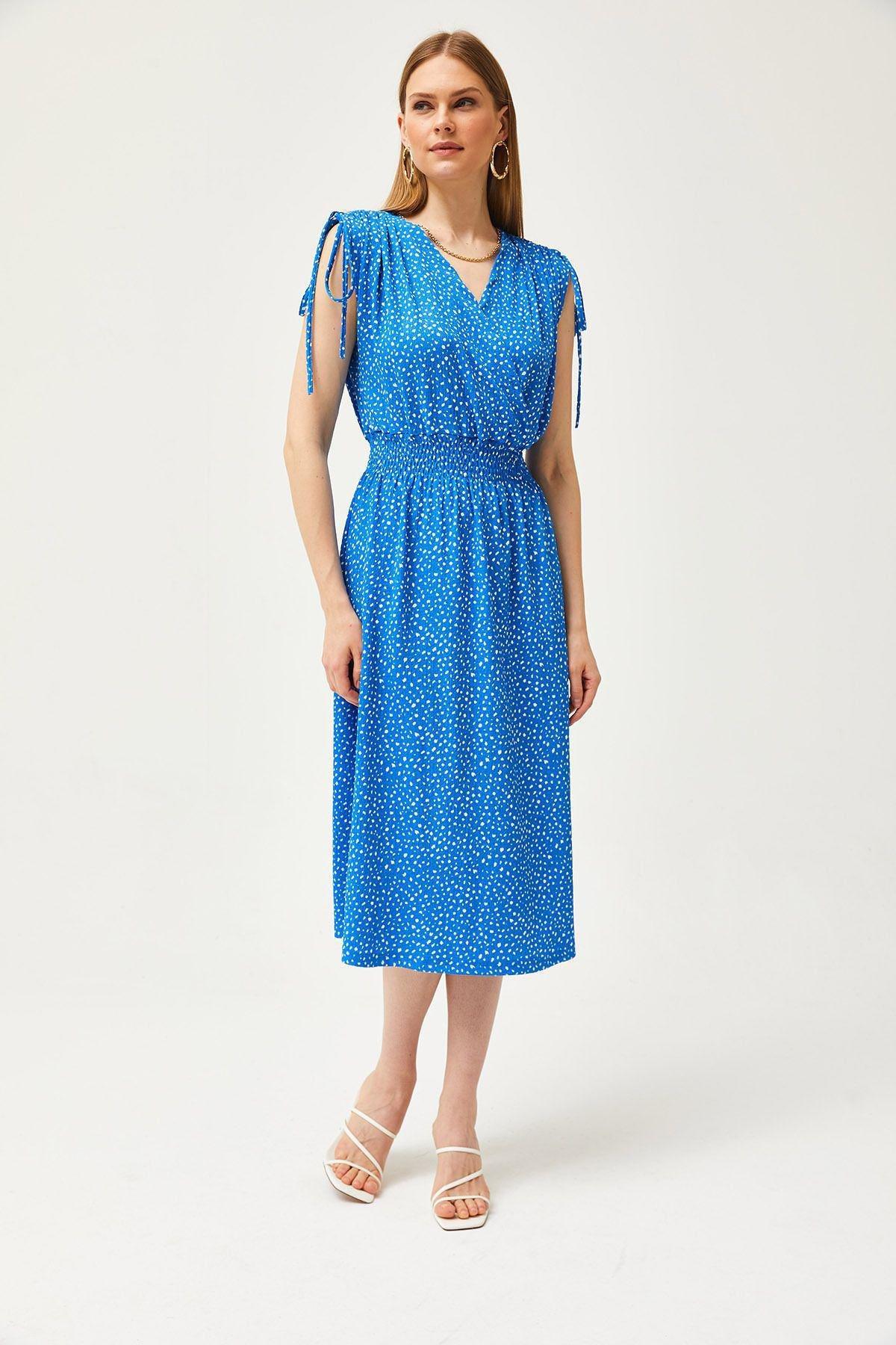 Blue Shoulder Gathered Waist Gimped Dress, SAKS BLUE, large image number 3