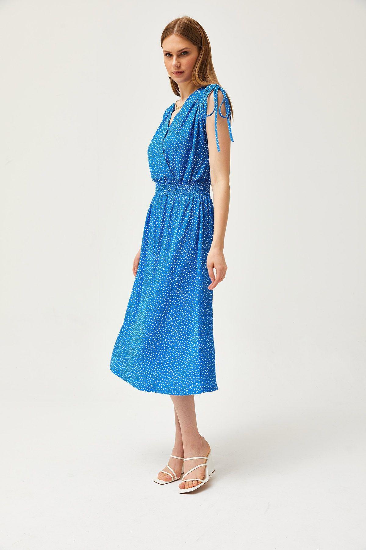 Blue Shoulder Gathered Waist Gimped Dress, SAKS BLUE, large image number 4