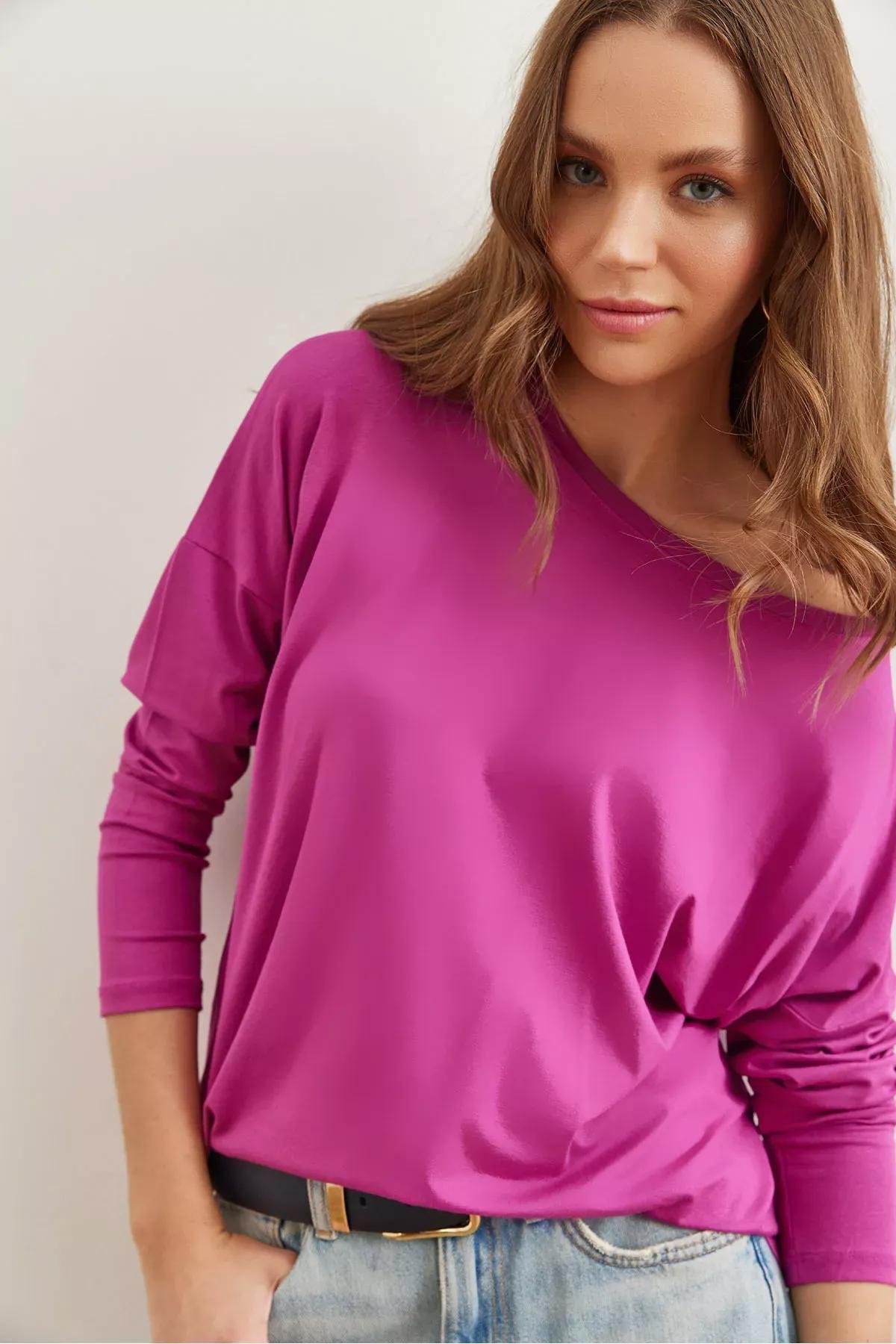 Womens Purple Crew Neck Batwing Viscose Blouse BLZ-19002588, single, , large image number 0