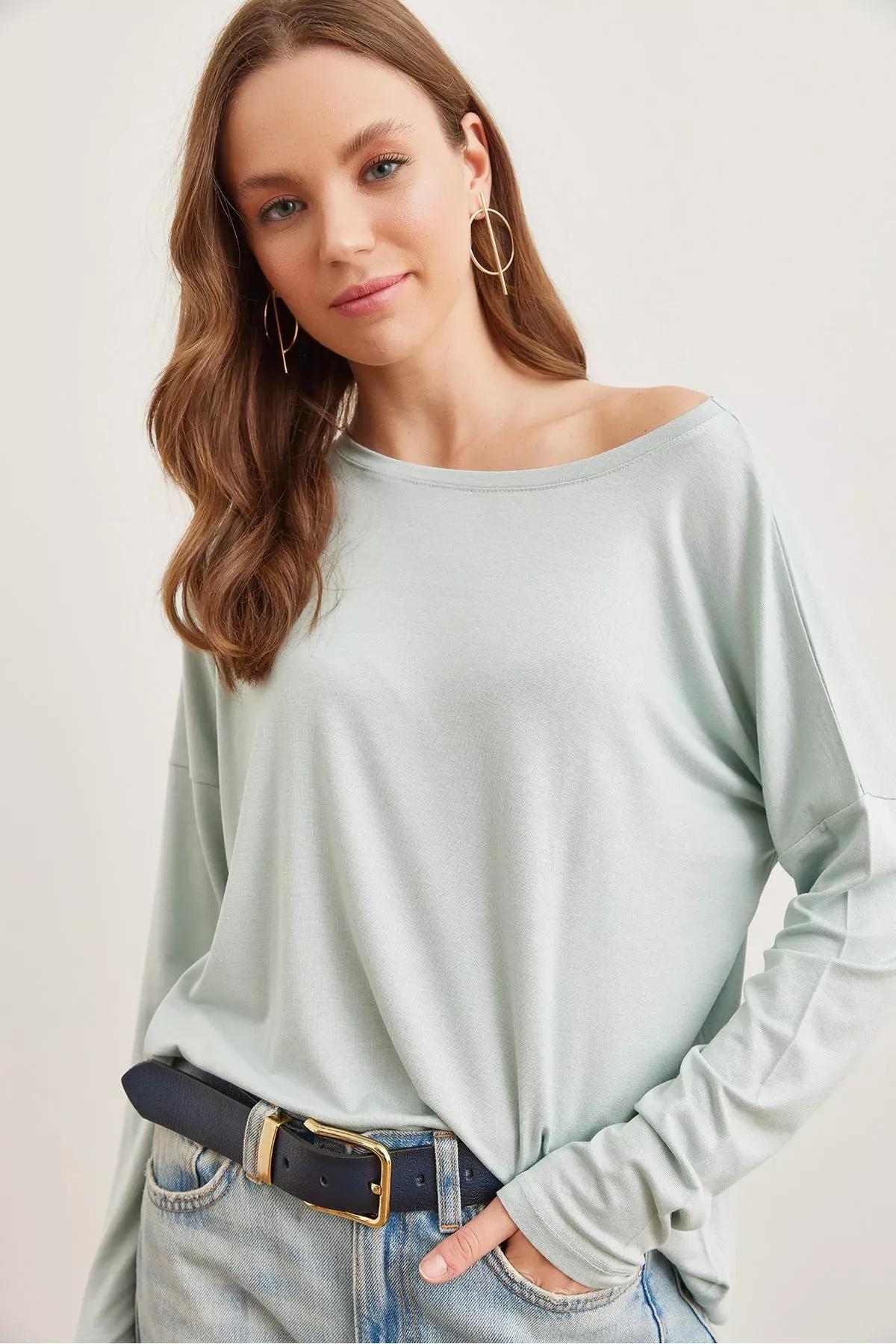 Womens Water Green Crew Neck Batwing Viscose Blouse BLZ-19002588, single, Water green, large image number 1