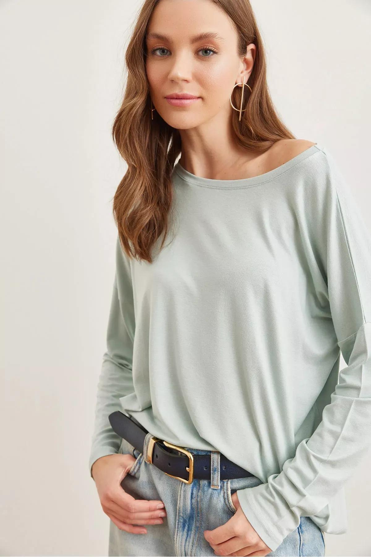 Womens Water Green Crew Neck Batwing Viscose Blouse BLZ-19002588, single, Water green, large image number 2