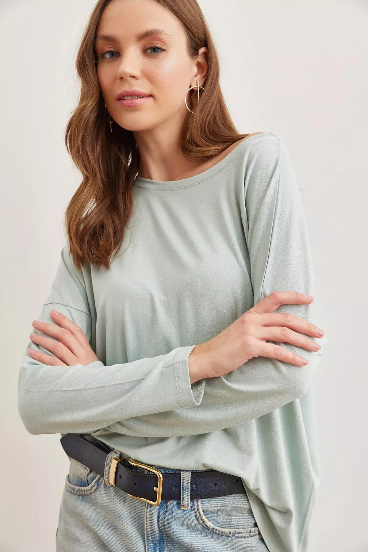 Womens Water Green Crew Neck Batwing Viscose Blouse BLZ-19002588, single, Water green, large image number 4