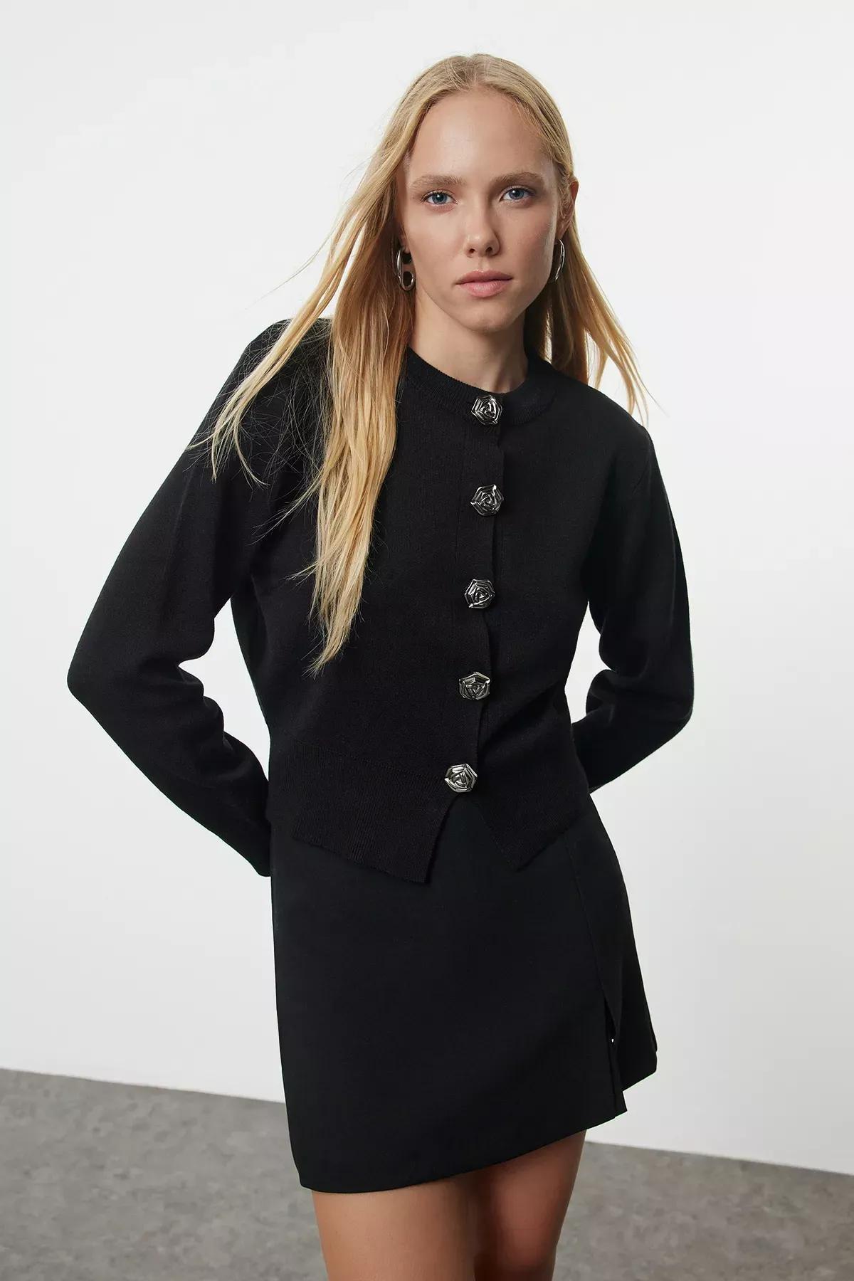 Black Crop Rose Button Knit Cardigan, BLACK, medium