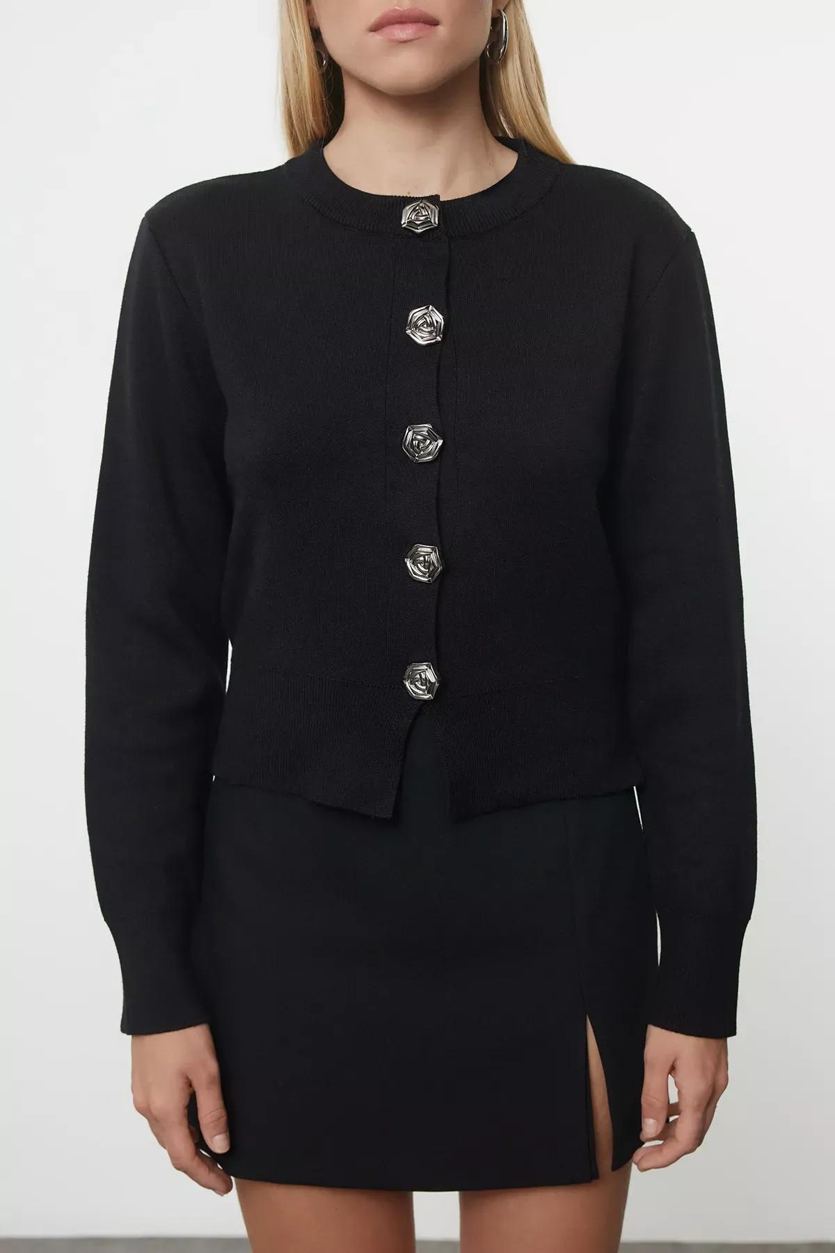 Black Crop Rose Button Knit Cardigan, BLACK, medium