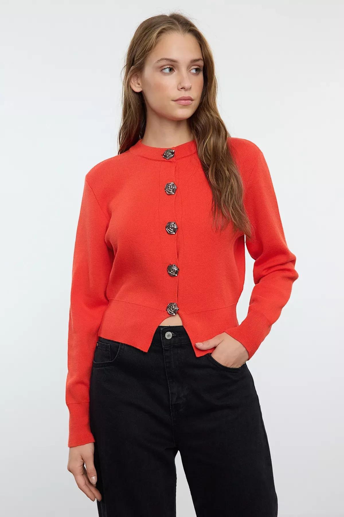 Red Crop Rose Button Knit Cardigan, Red, large image number 0