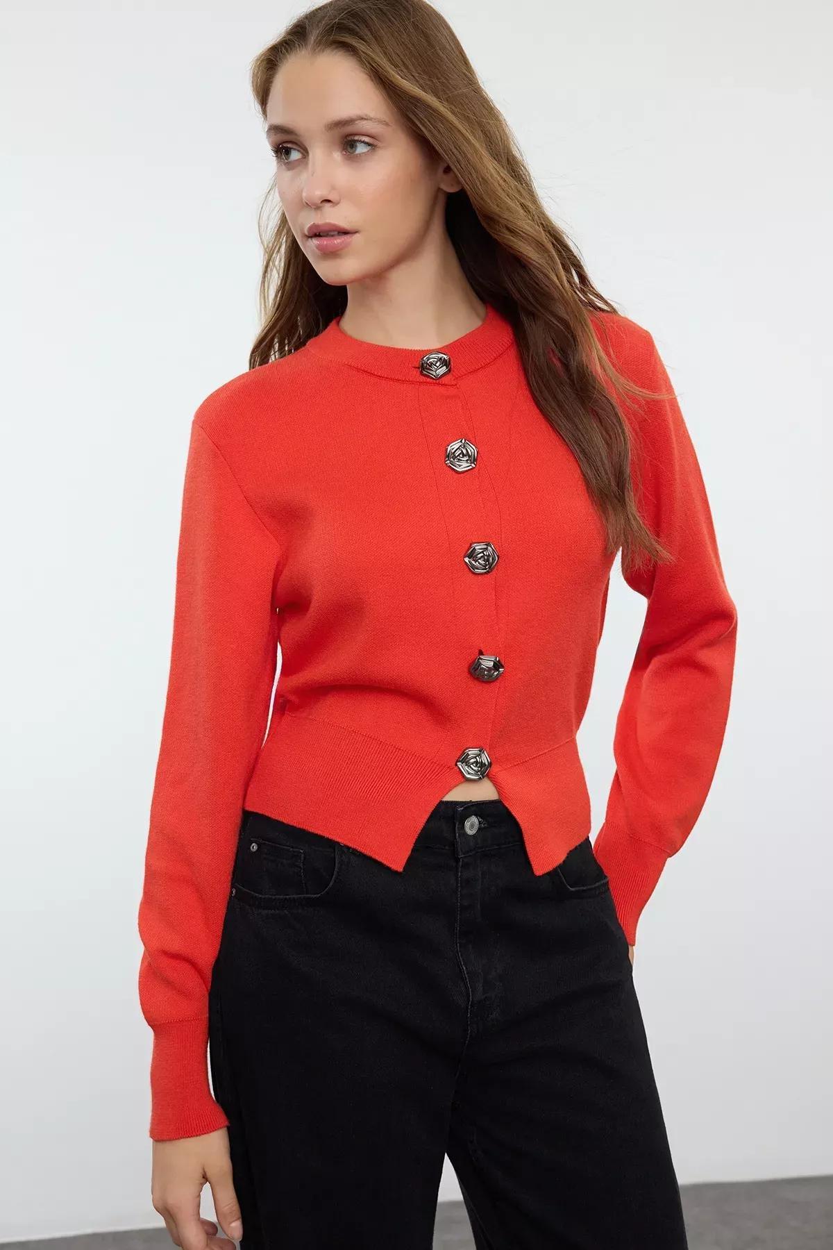 Red Crop Rose Button Knit Cardigan, Red, large image number 1
