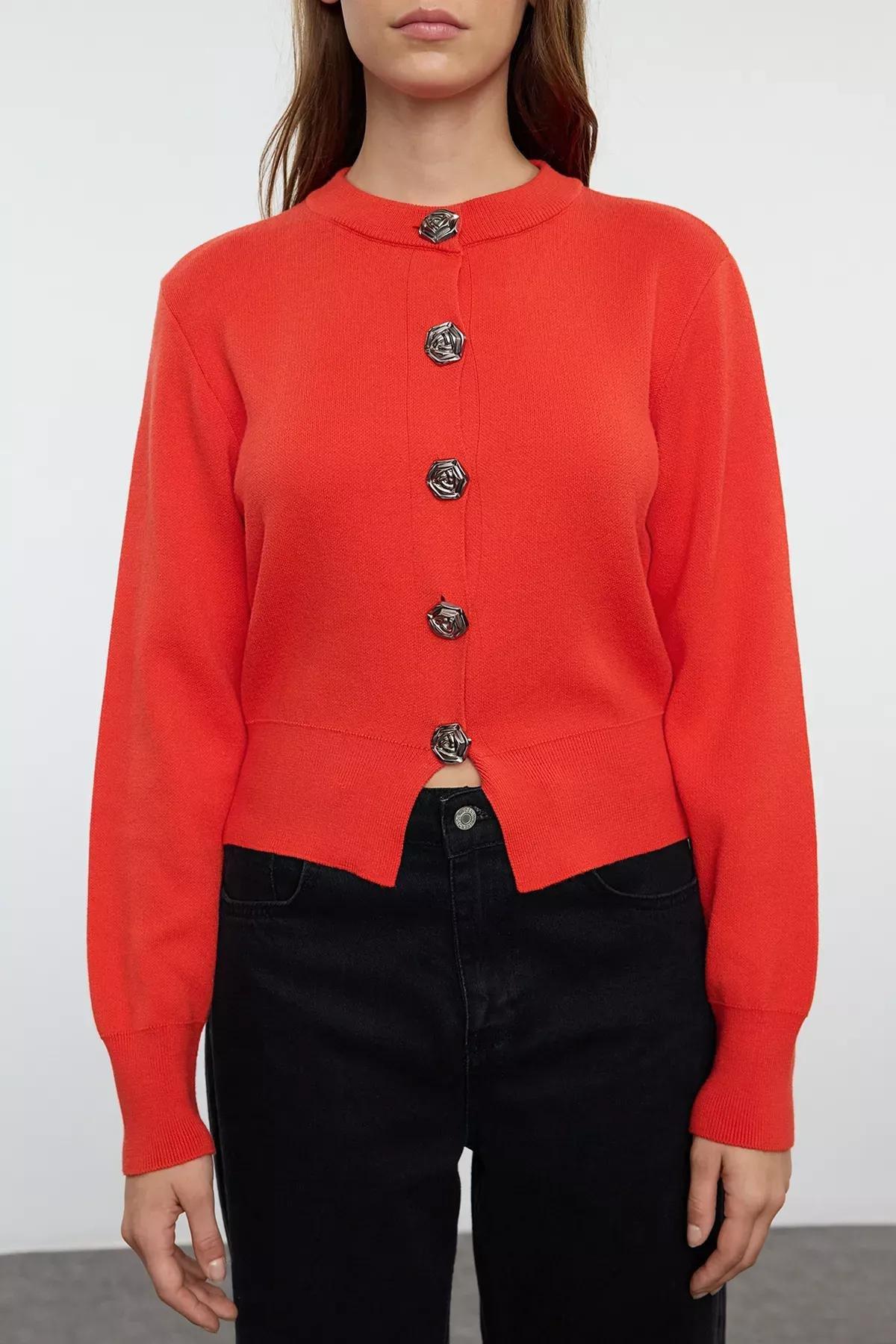 Red Crop Rose Button Knit Cardigan, Red, large image number 2