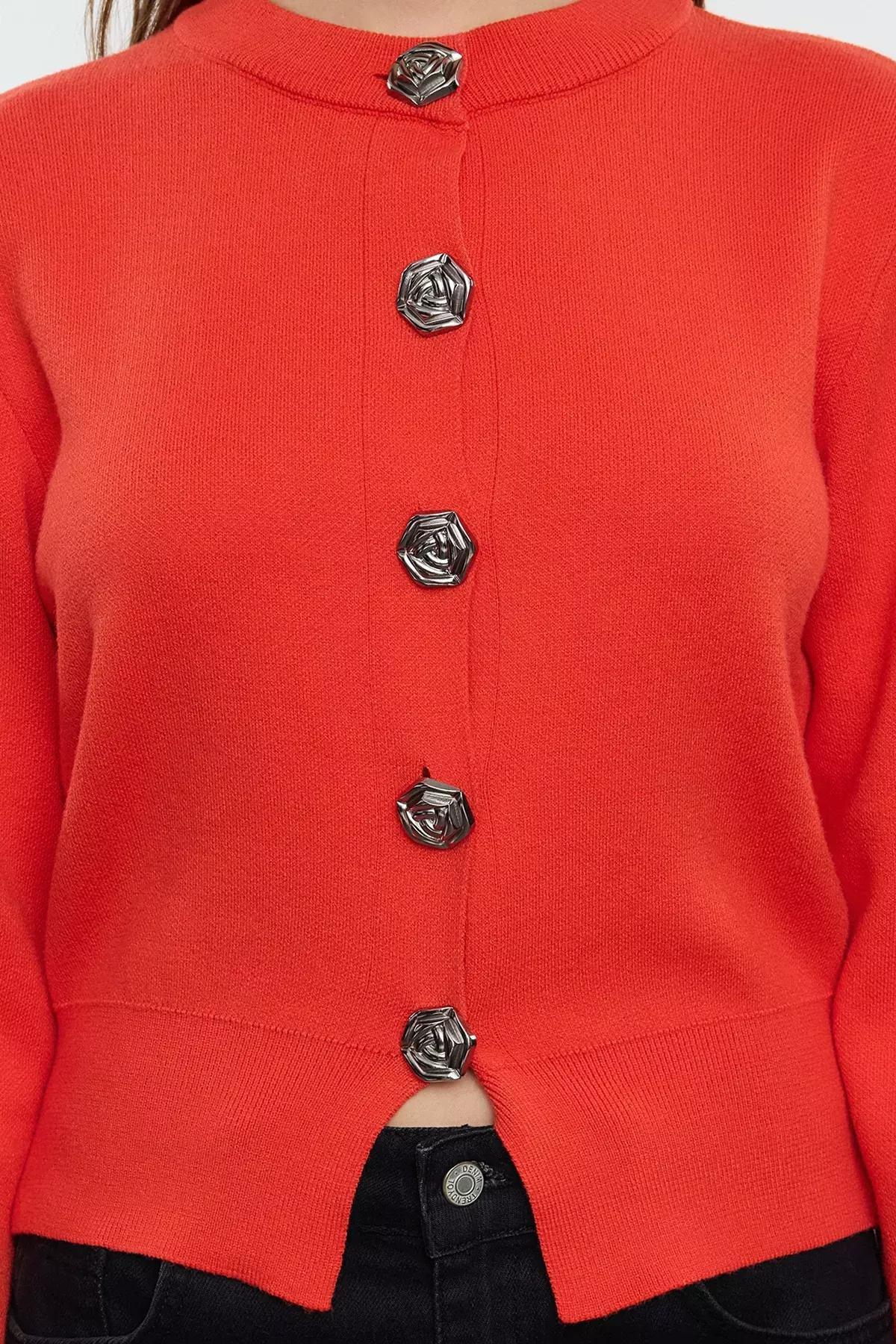 Red Crop Rose Button Knit Cardigan, Red, large image number 3