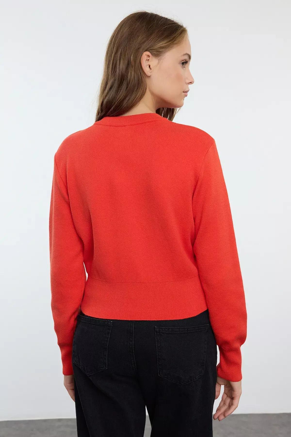 Red Crop Rose Button Knit Cardigan, Red, large image number 4
