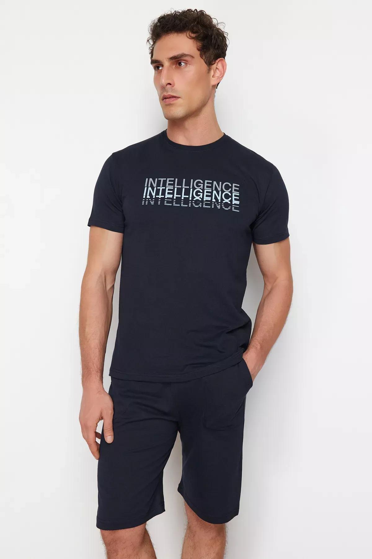Navy Crew Neck Knitted Pyjamas Set, Navy blue, large image number 1