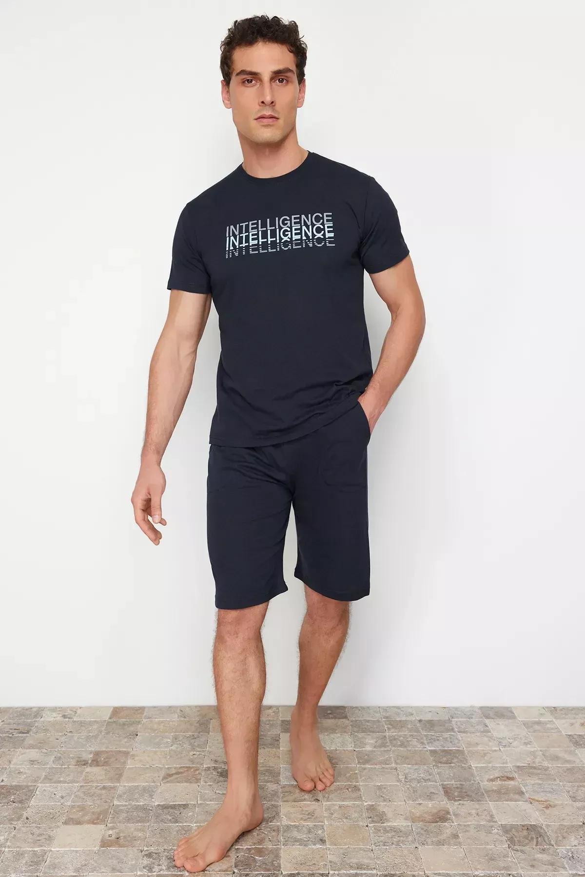 Navy Crew Neck Knitted Pyjamas Set, Navy blue, large image number 2