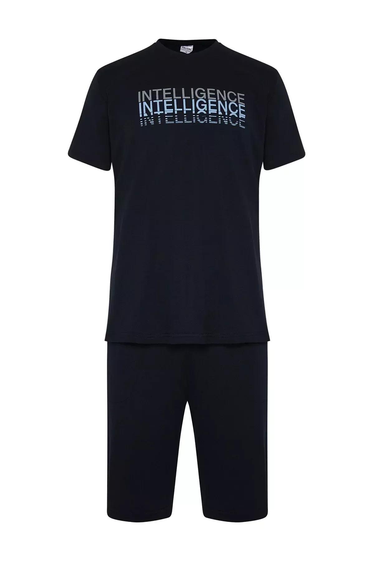 Navy Crew Neck Knitted Pyjamas Set, Navy blue, large image number 5