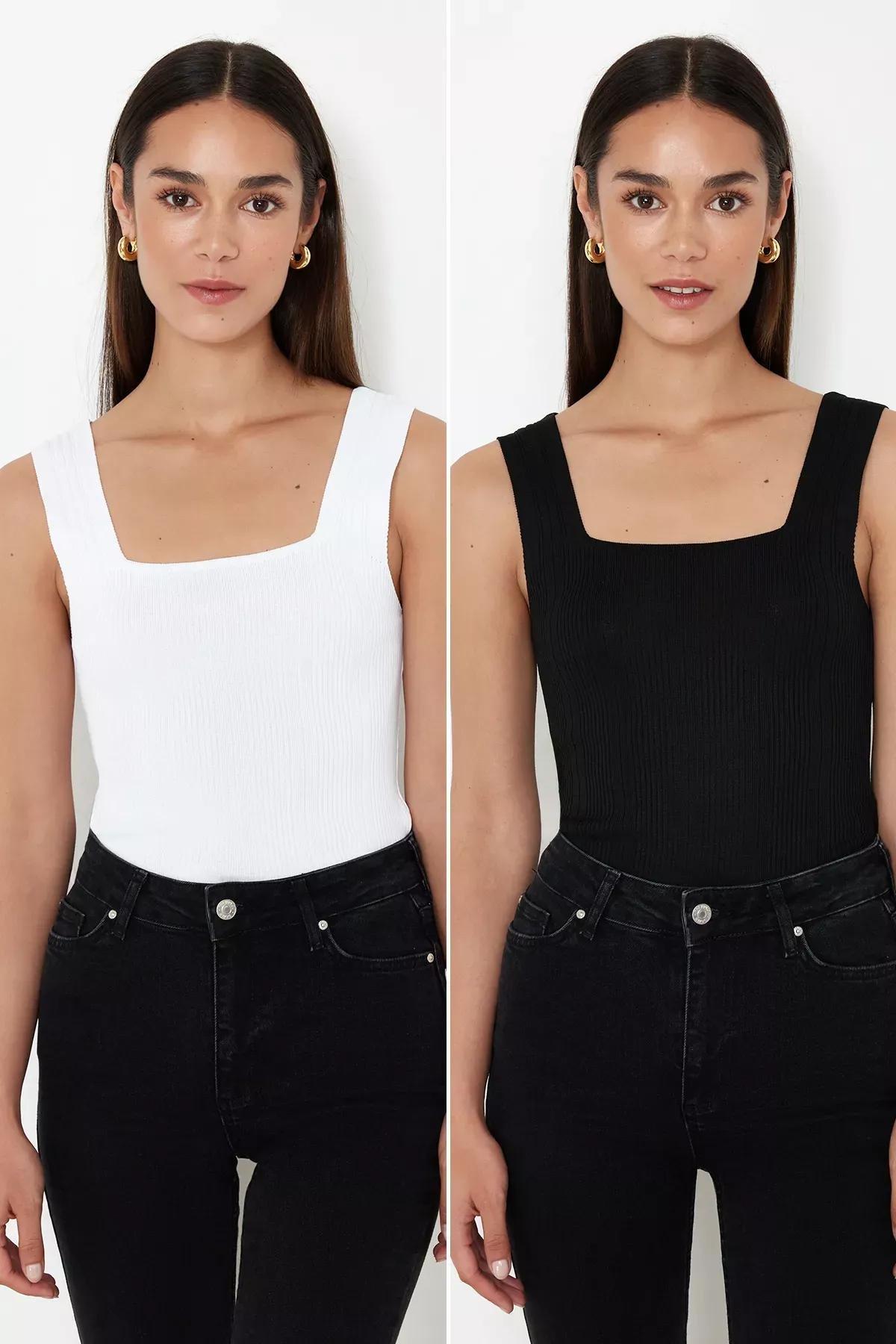 Black Beige Knit Blouse Set of 2, Black-Ecru, large image number 0