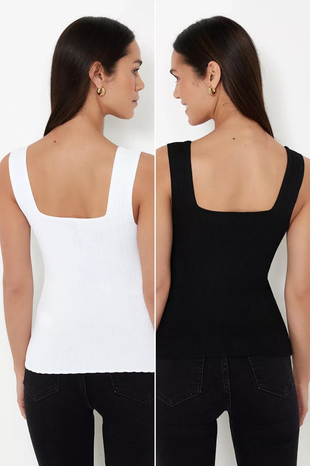 Black Beige Knit Blouse Set of 2, Black-Ecru, large image number 1