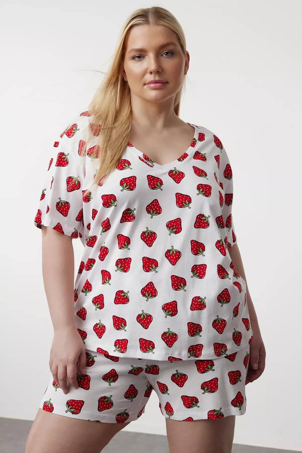 White Strawberry Patterned V-Neck Knitted Pajama Set, White, large image number 0