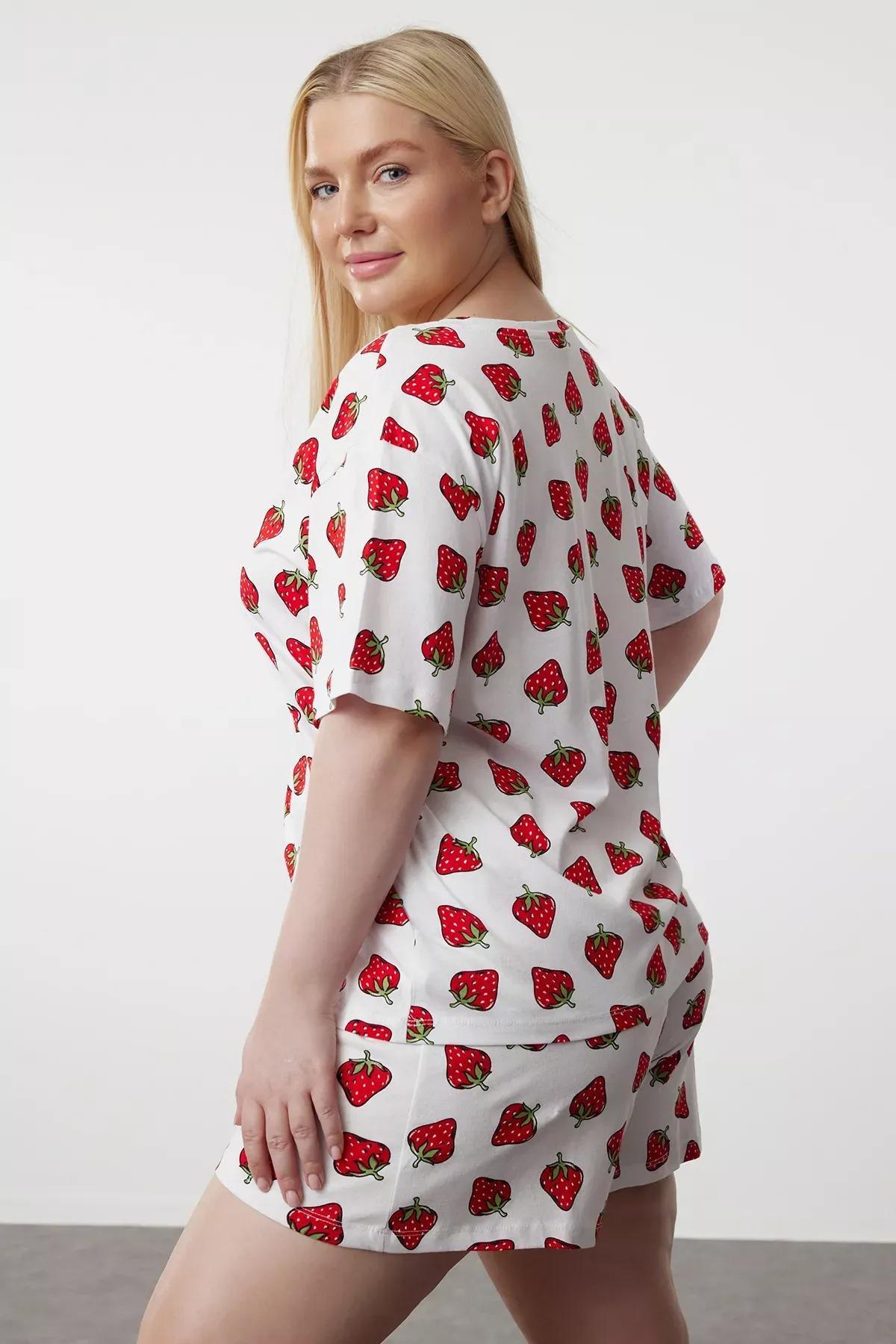 White Strawberry Patterned V-Neck Knitted Pajama Set, White, large image number 1