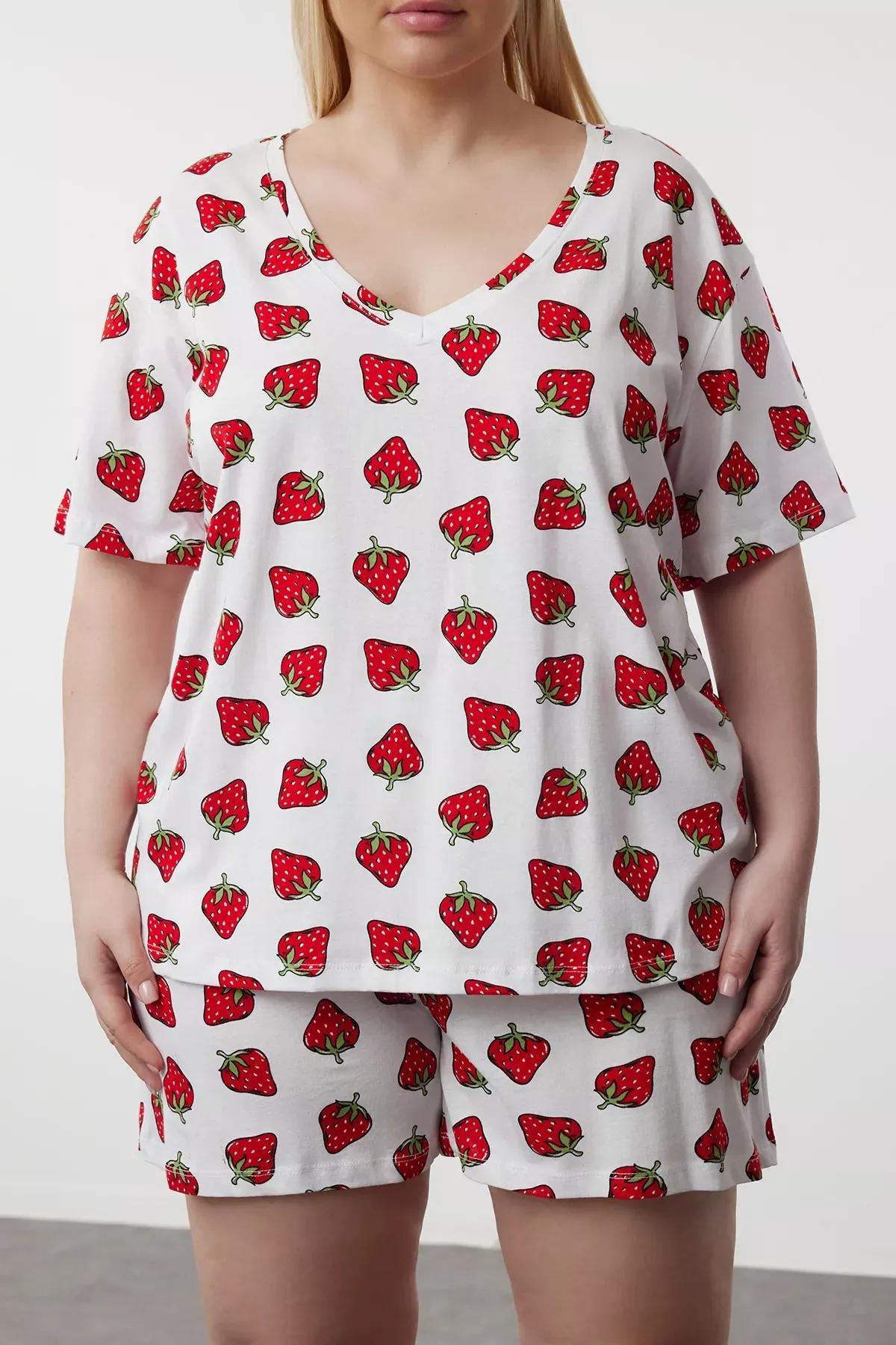 White Strawberry Patterned V-Neck Knitted Pajama Set, White, large image number 2