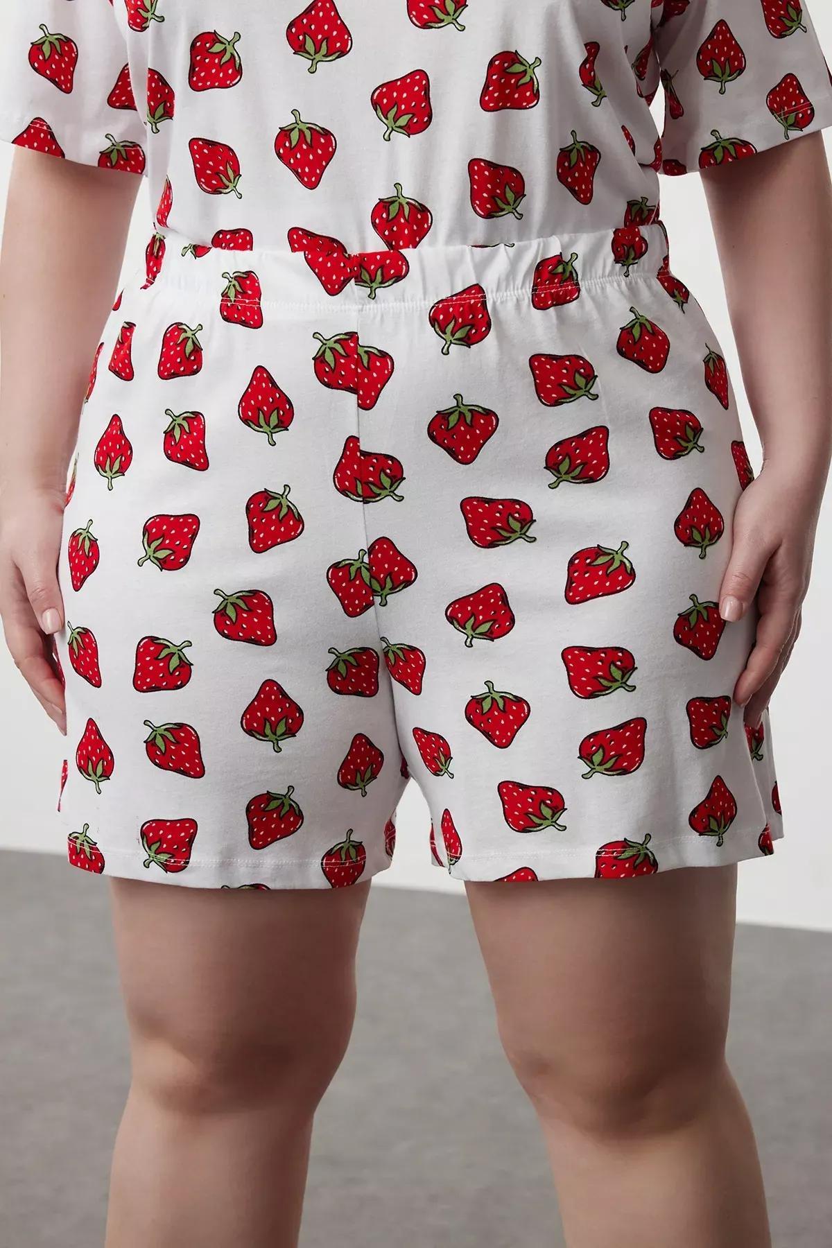 White Strawberry Patterned V-Neck Knitted Pajama Set, White, large image number 3